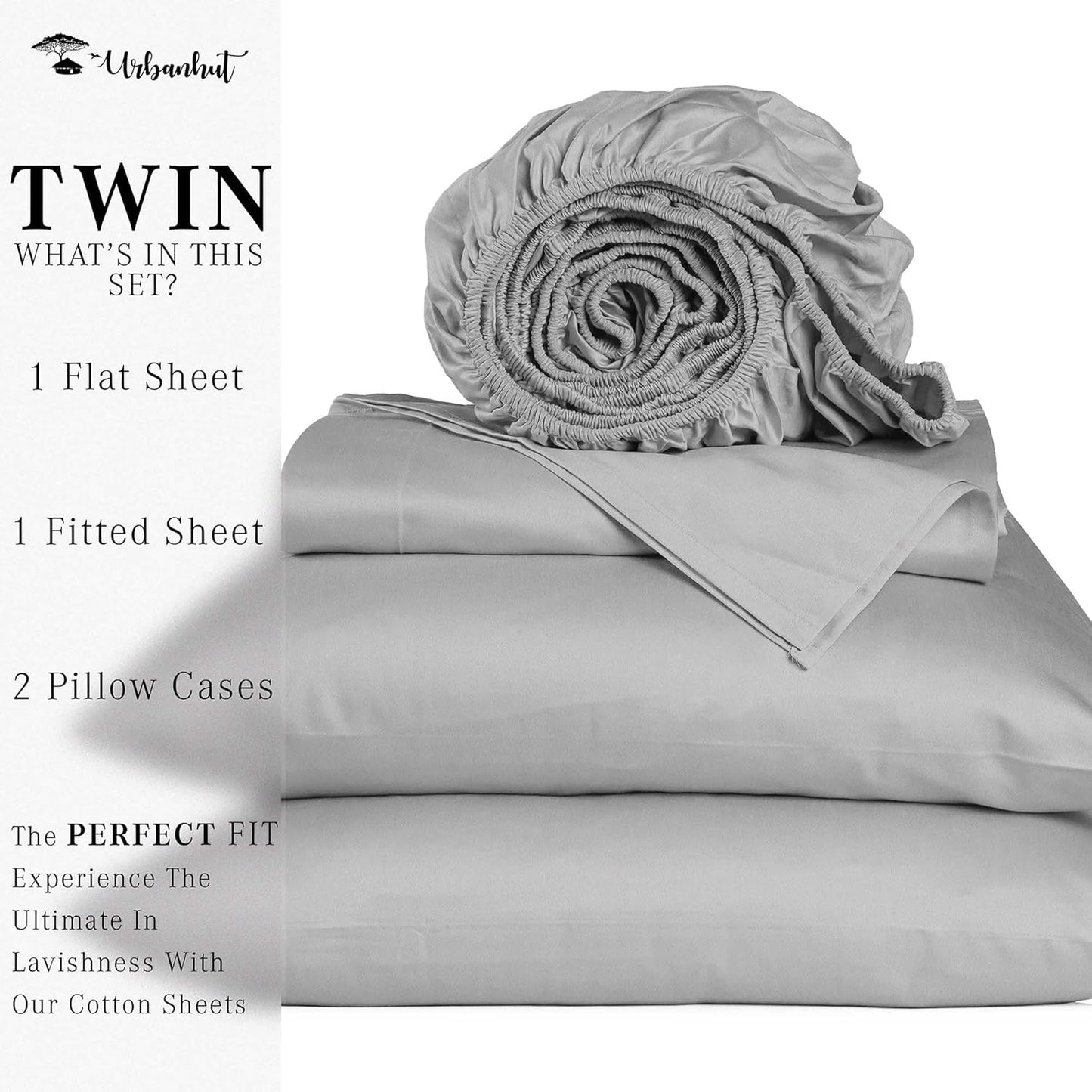 URBANHUT 700 Thread Count Egyptian Cotton Sheets Twin Size, 4Pc Sheet Set Soft Luxury Bed Sheets for Twin Size Bed, Sateen Weave Hotel Sheets, 14'' Elasticized Deep Pocket - Silver Grey