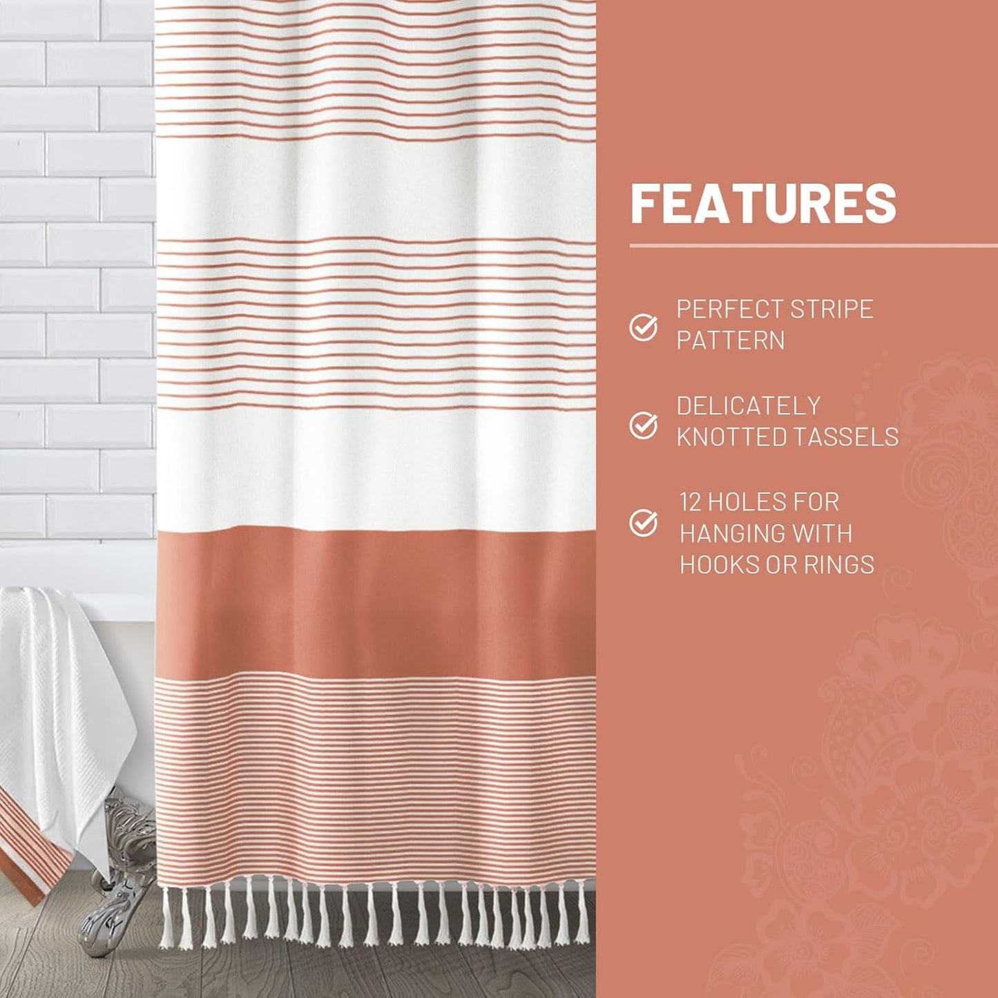 Awellife Boho Coral Shower Curtain for Bathroom Stripe Tassel Shower Curtain 72 X 72 Inches Farmhouse Cotton