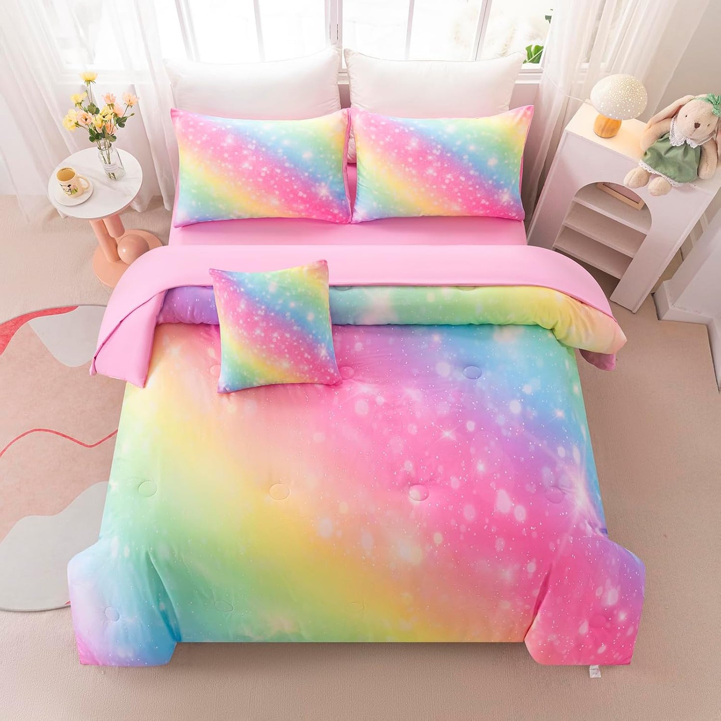 6Pcs Queen Size Comforter Set for Girls Kids, Gradient Colorful Rainbow Girls Bedding Set Queen with Sheets, Soft & Breathable Kids Bed for Gift Bedroom Decor
