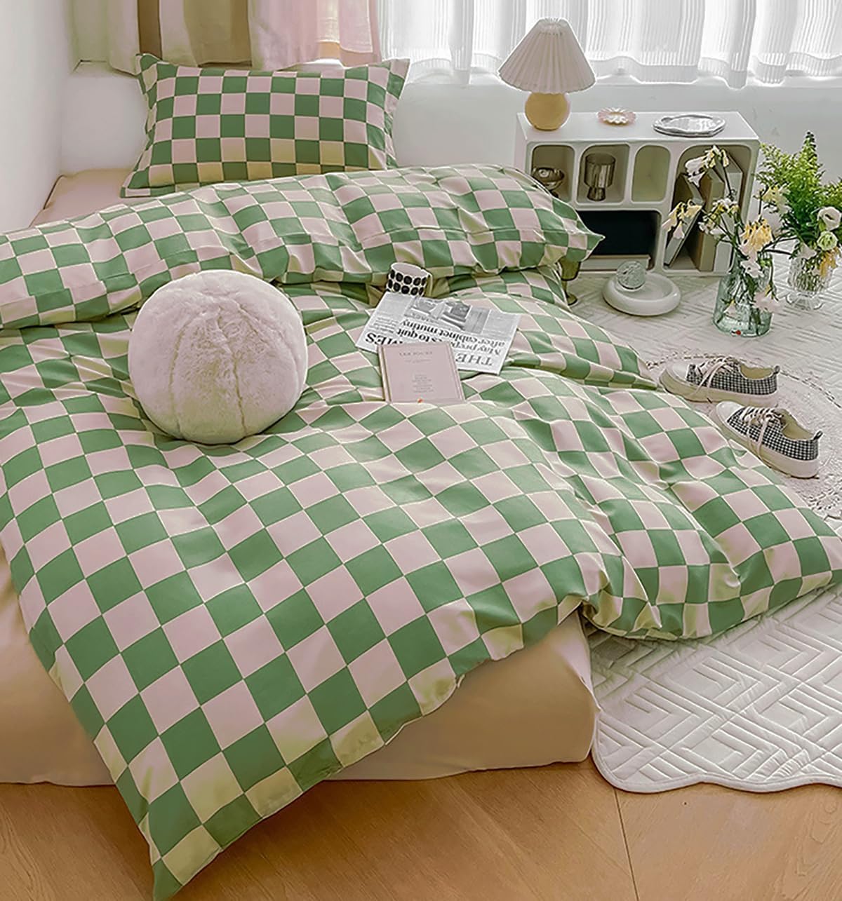 KAREVER Green White Grid Comforter Set Cal King Sage Green Plaid Bedding Set Women Light Green White Checkered Bed Set Breathable Blanket Set Men Durable Bedding Comforter Set