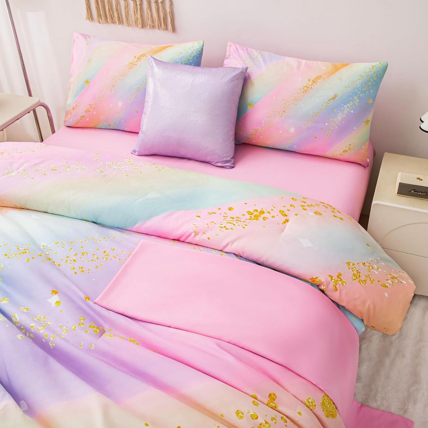 Rainbow Bedding Set Queen Size – 6-Piece Reversible Girls Comforter with Deep-Pocket Sheet, Gradient Galaxy Design, Whole-Piece Filling, Machine Washable Bed-in-a-Bag for Kids Room Makeover & Gifts