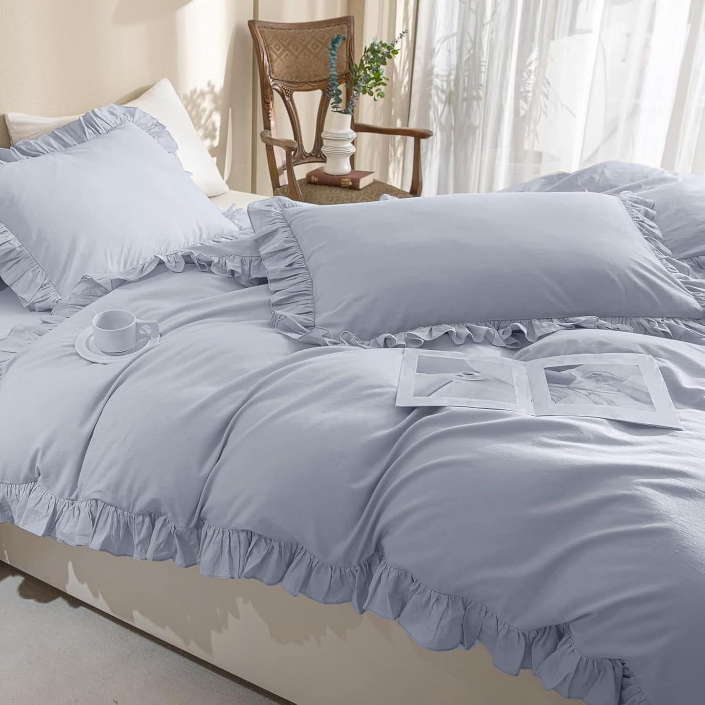 QSH Ruffle Duvet Cover Queen Size Washed Cotton,3pc Linen Feel Farmhouse Shabby Vintage Ruffled Bedding Set French Country Rustic Cornflower Blue Comforter Cover Aesthetic Soft Quilt Cover Set