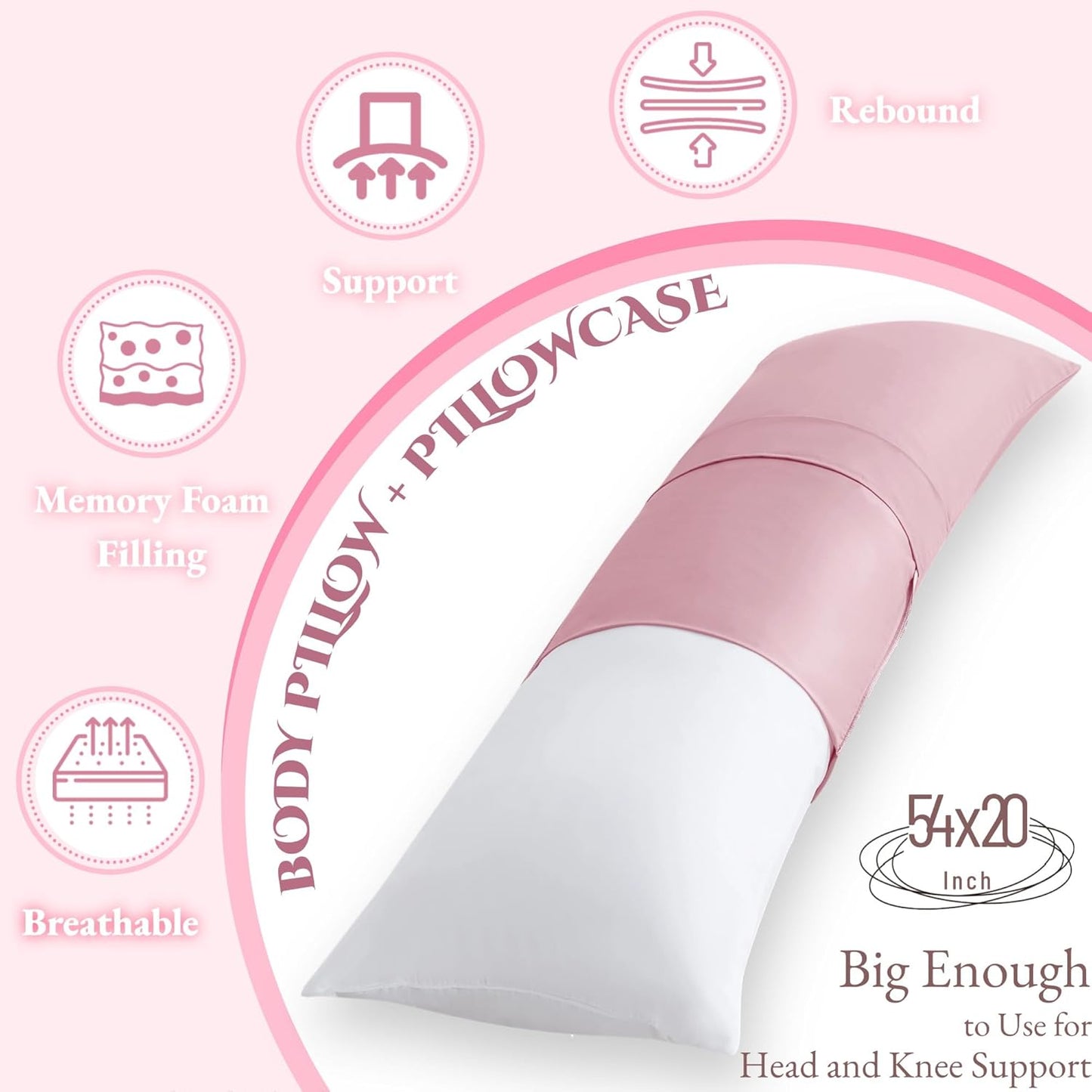 Ubauba Memory Foam Body Pillow with Cover, Full Large Body Pillows Insert for Adults with Envelope Closure Pillowcase, Firm & Fluffy Long Bed Pillows for Sleeping (20x54 inch, Pink)