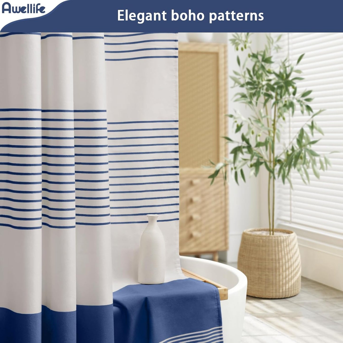 Awellife Blue Shower Curtain for Bathroom Linen Texture Stripe Tassel Shower Curtain 48 X 72 Inches Boho Neutral
