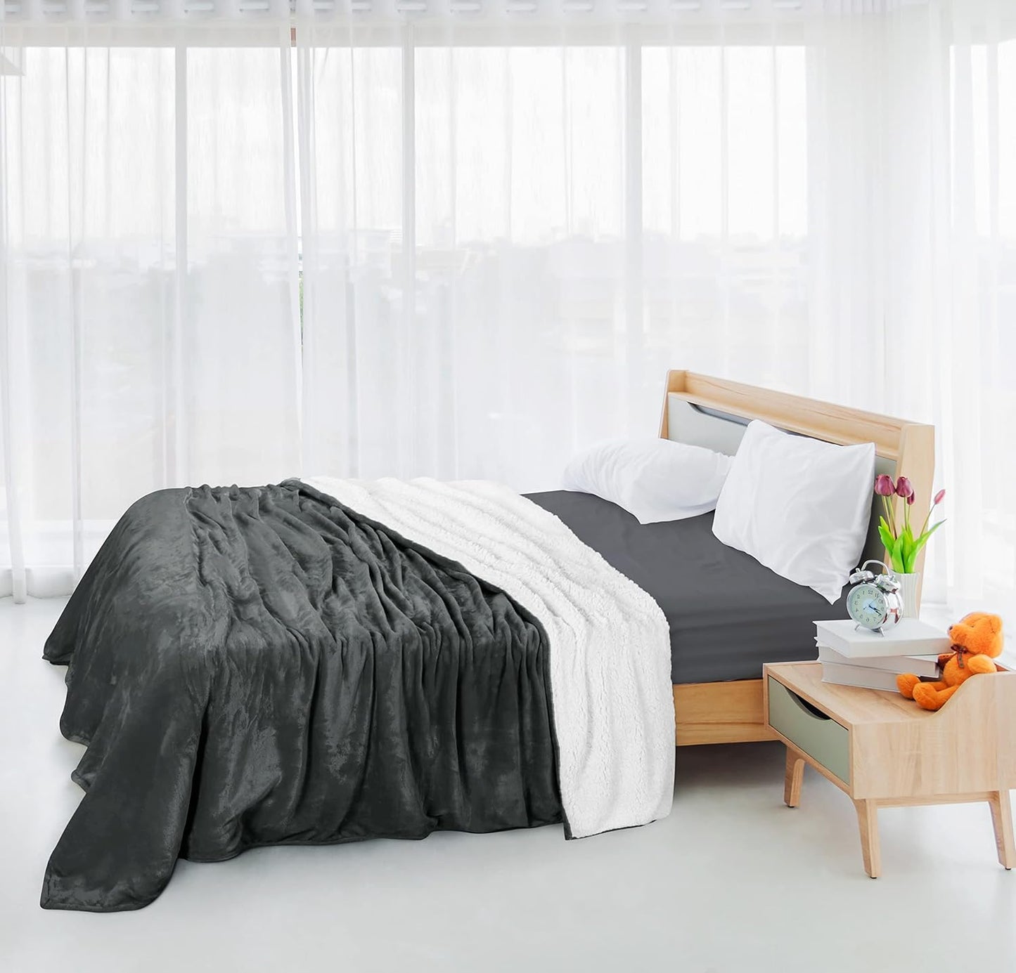 Utopia Bedding Sherpa Blanket Queen Size (Grey, 90x90 Inches) - Soft Lightweight Plush Fleece Reversible Blanket for Bed, Sofa, Couch, Camping and Travel
