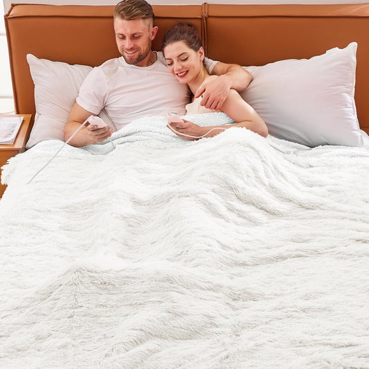 Heated Electric Blanket Queen–Faux Fur with Soft Thick Sherpa,Warm Winter Birthday Gifts for Women Grandma,Dual Control,10 Heat Settings,5 Time Settings, 84x90, Snow Cloud