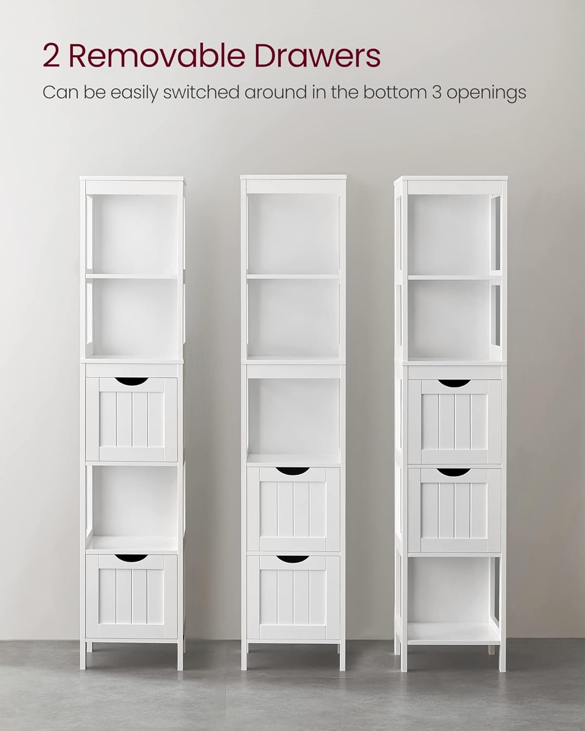 VASAGLE Storage Cabinet, Storage Organizer Rack Stand for Bathroom, Living Room, Bedroom, Multifunctional Corner Unit, 2 Drawers, 55.7 Inches in Height, White UBBC66WT