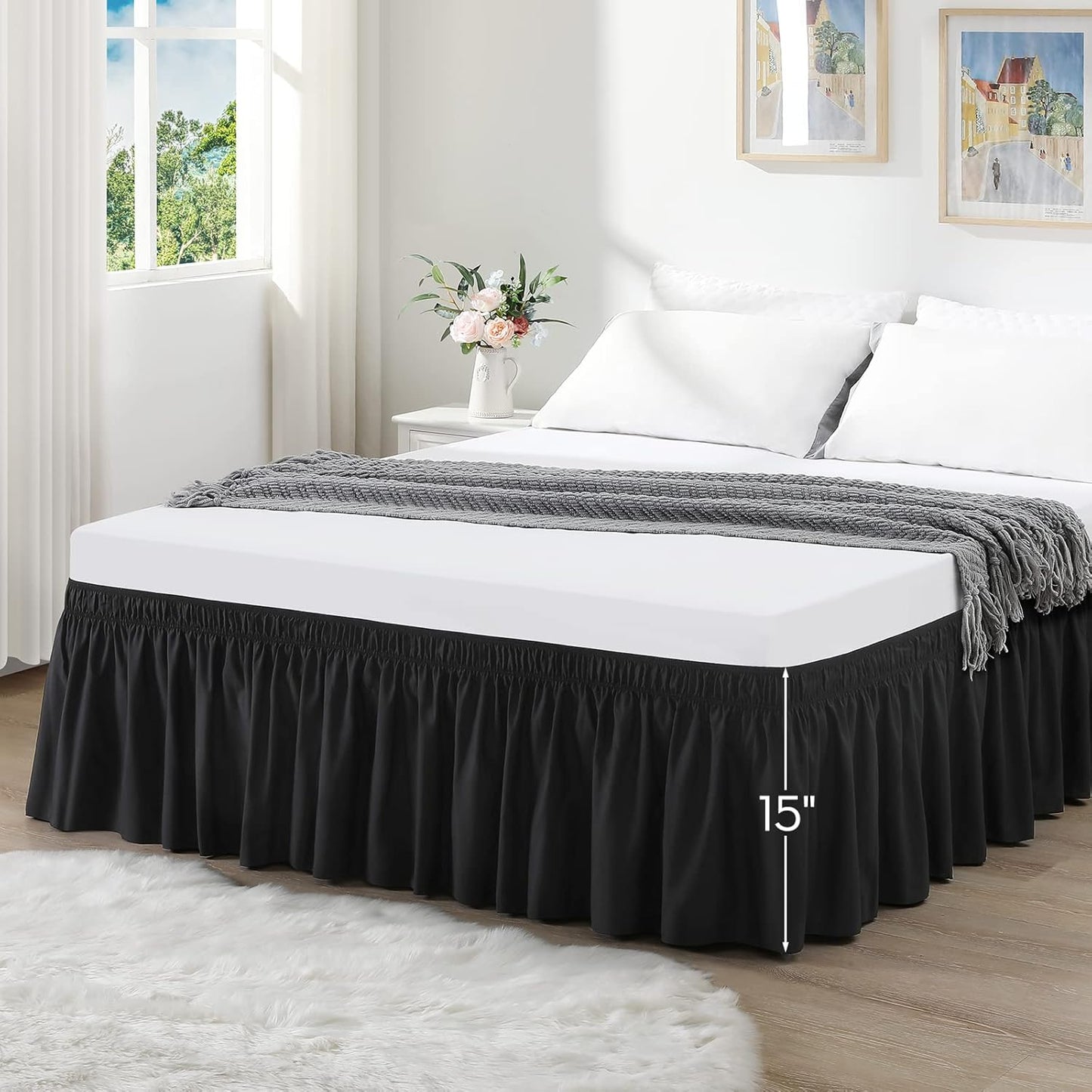 RIMELA Black Bed Skirt Queen Size 15 Inch Drop, Elastic Bed Skirting for Bed Base and Frame, Bedding Dust Ruffle Easy to Install, Lightweight Wrap Around Adjustable Bedskirt