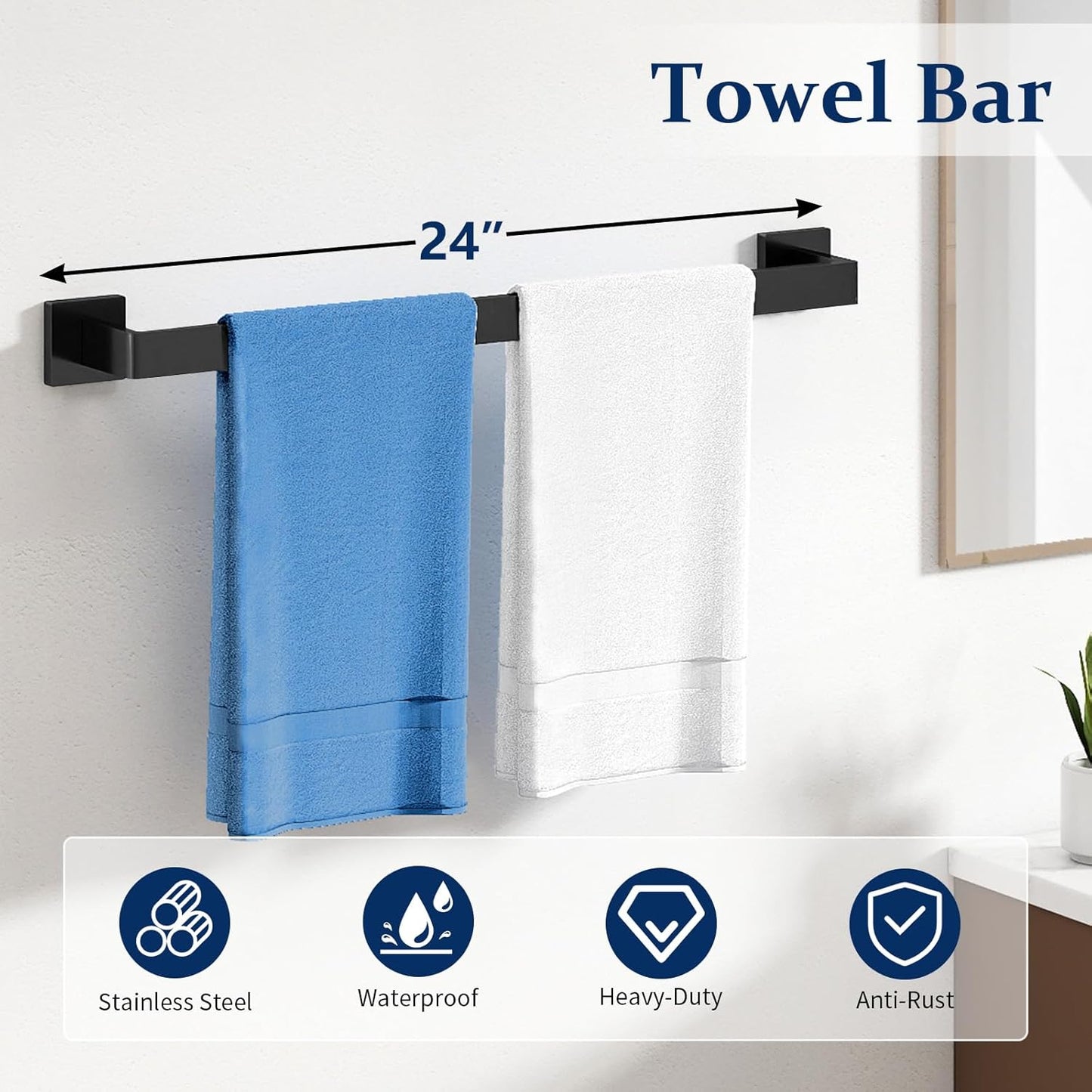 20-Pieces Matte Black Bathroom Hardware Set, 24 Inch Bath Towel Bar Set, Stainless Steel Towel Racks for Bathroom Wall Mounted