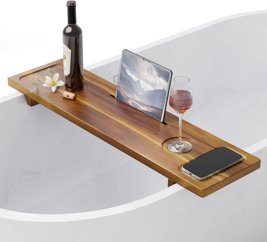 Bathtub Tray, Acacia Bath Tray for Tub, 34.6''x9'' Wooden Bathtub Caddy Tray with Adjustable Legs Fit Various Bathtubs, Anti-Tipping, Sustainable Bath Table with Wine Glass and Tablet Holder