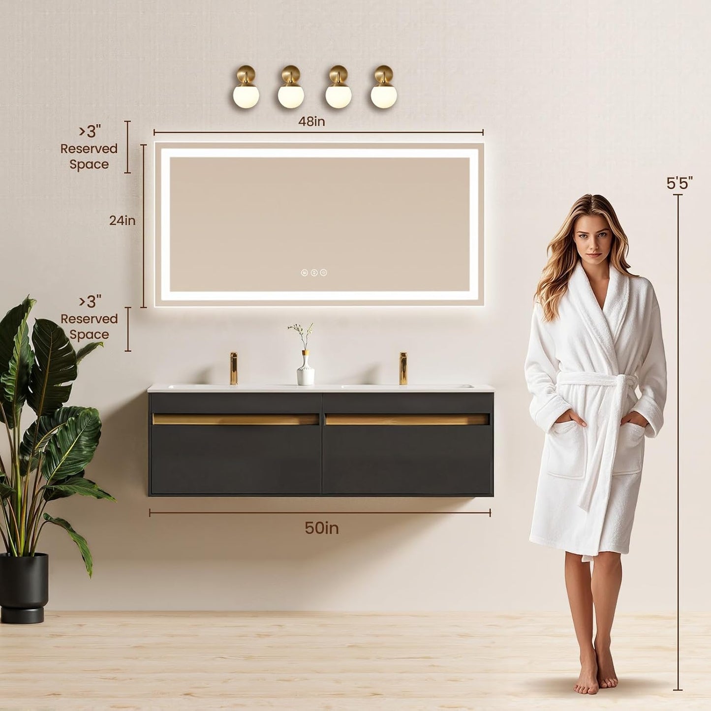 24X48 LED Bathroom Mirror with Lights, Anti-Fog, Backlit + Front Lit (CRI>90), Lighted Bathroom Vanity Mirror for Wall, Memory Function, Dimmable, Tempered Glass, Shatter-Proof, ETL Listed