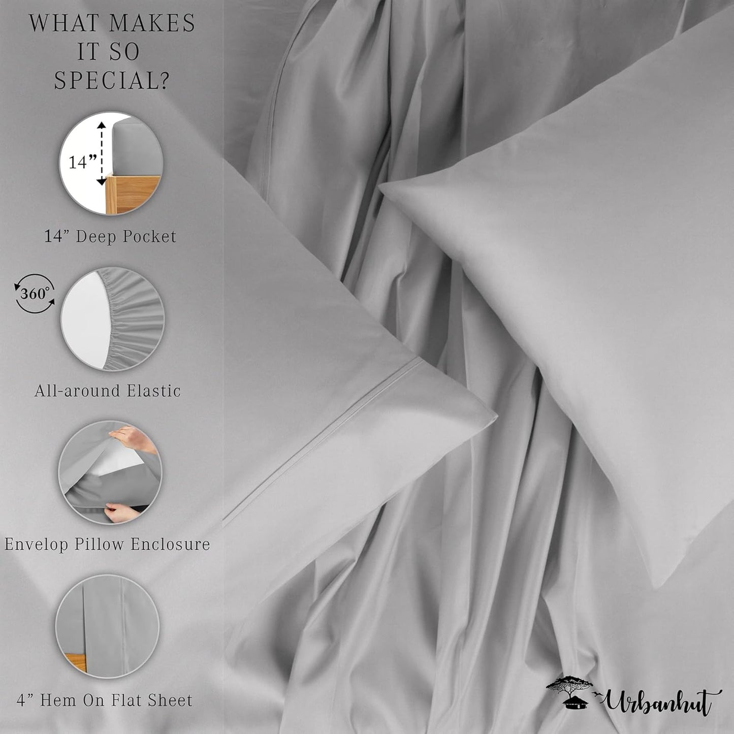 URBANHUT 700 Thread Count Egyptian Cotton Sheets Full Size, 4Pc Sheet Set Soft Luxury Bed Sheets for Full Size Bed, Sateen Weave Hotel Sheets, 16'' Elasticized Deep Pocket - Dark Grey