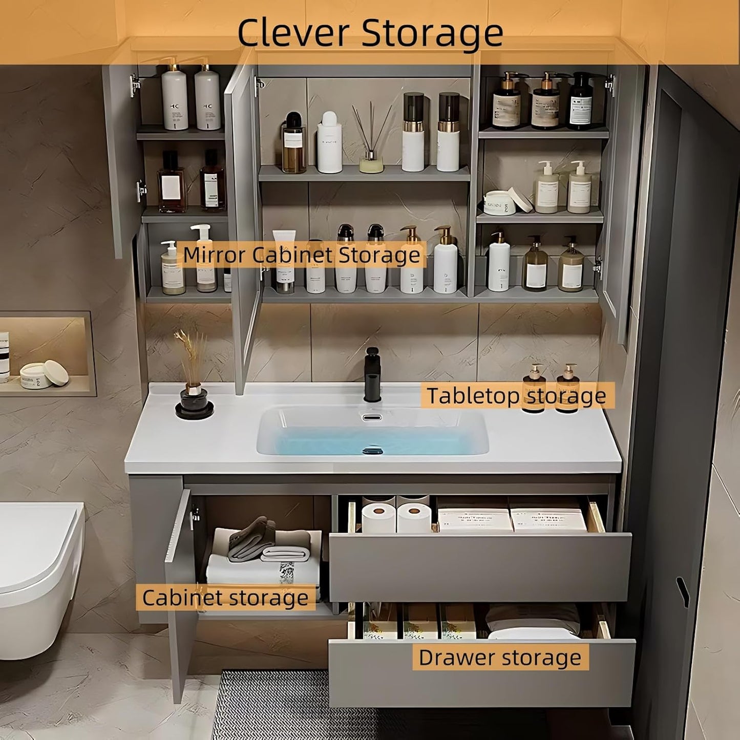 72IN Suspended Bathroom Cabinet Combo Set - Fully Functional LED Mirror with Smart Defogging & Time Display | Bathroom Vanity with Sink,Side Cabinet Storage Compartment (Style A)