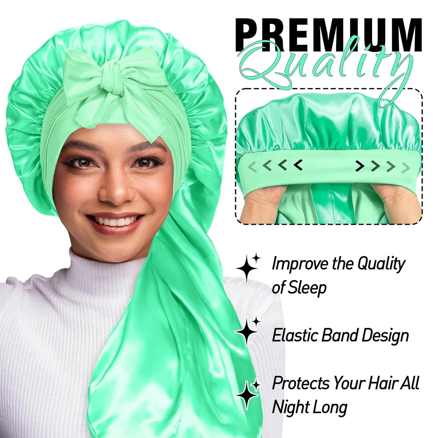 2Pcs Bonnets for Black Women Braid Bonnet, Large Long Satin Bonnet for Braids, Silk Bonnet with Stretchy Tie Band Sleep Cap Hair (2Pcs-Black&Green)