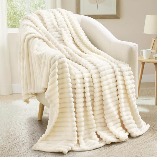 decorUhome Christmas Soft Fleece Cream White Twin Blanket for Bed, Cozy Fluffy Plush Flannel Striped Throws for Couch Sofa, Lightweight Decorative Ribbed Fuzzy Blanket for Woman, 60x80 Inches