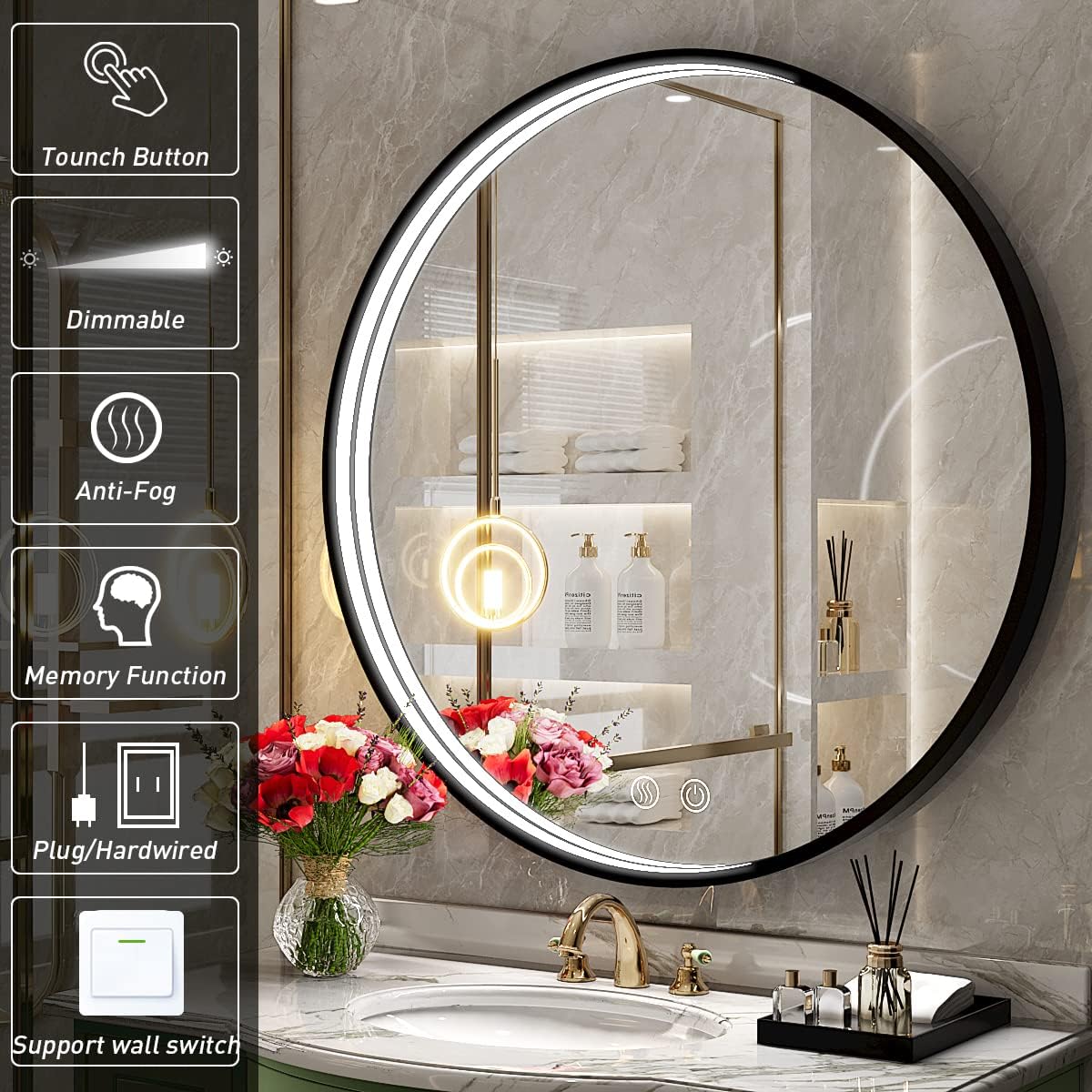 28" Round LED Bathroom Mirror, Dimmable Anti-Fog Vanity Mirror with Touch Control, 6000K Natural Light, Black Metal Frame, Wall Mounted for Makeup Shaving (IP54, 90+ CRI)