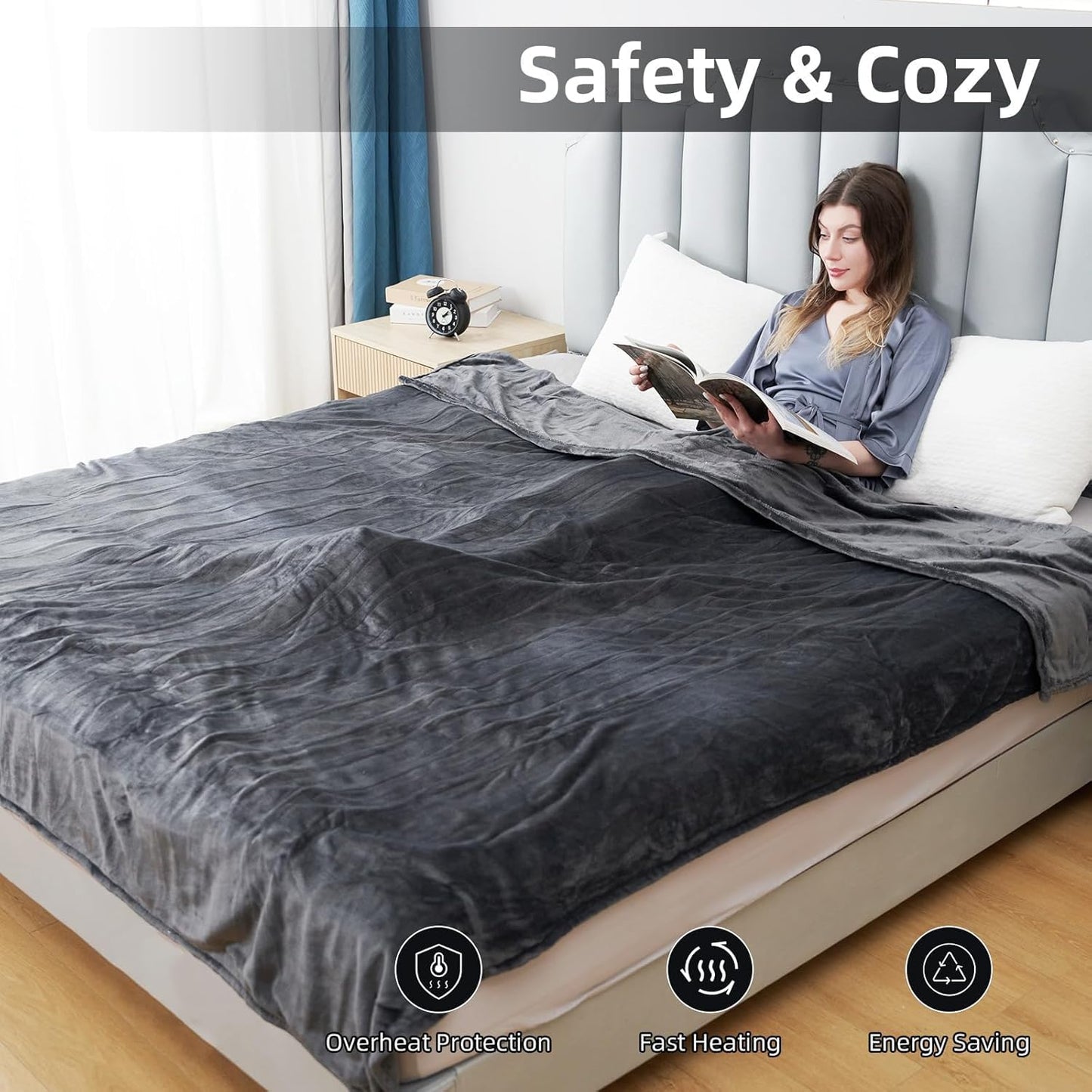 Electric Heated Blanket Twin Size 62”x84”,Soft Warmth Cozy with 5 Heating Settings 10 Hours Auto-Off, One Touch Operation, Machine Washable, Dark Gray
