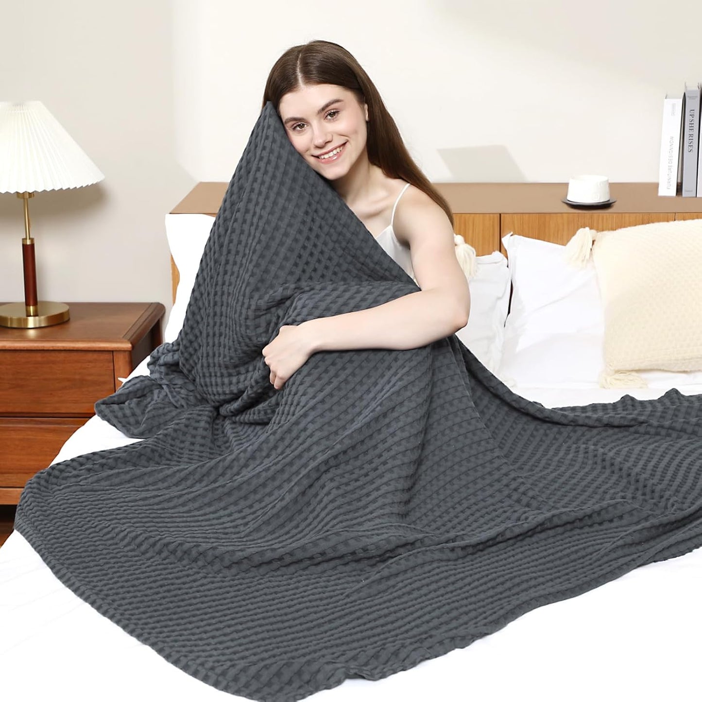 Aganear Waffle Blanket - Lightweight Breathable Summer Blanket of 50% Cotton and 50% Rayon Derived from Bamboo for Hot Sleepers Luxury Throws for Bed, Couch and Sofa,Dark Grey,104x90 Inches