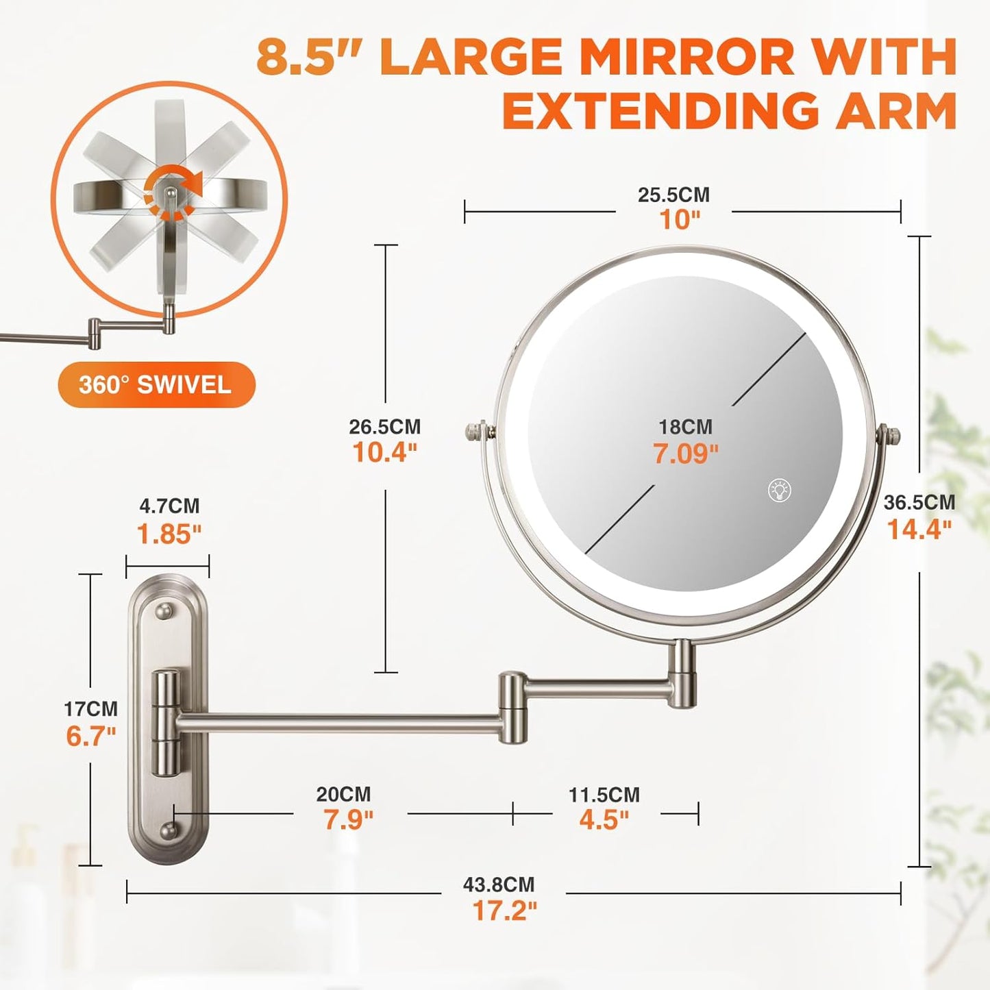 15x Wall Mounted Makeup Mirror, 8" Rechargeable Double-Sided Magnifying Mirror, 3 Color Lights for Makeup,365°Swivel for Shaving - Nickel