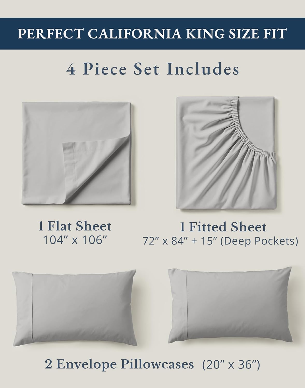 LANE LINEN 100% Organic Cotton California King Sheets Set, Fully Elasticized Reinforsed Seams in Fitted Pocket, Machine Washable Naturally Cooling All Season Cal King Sheet- Silver