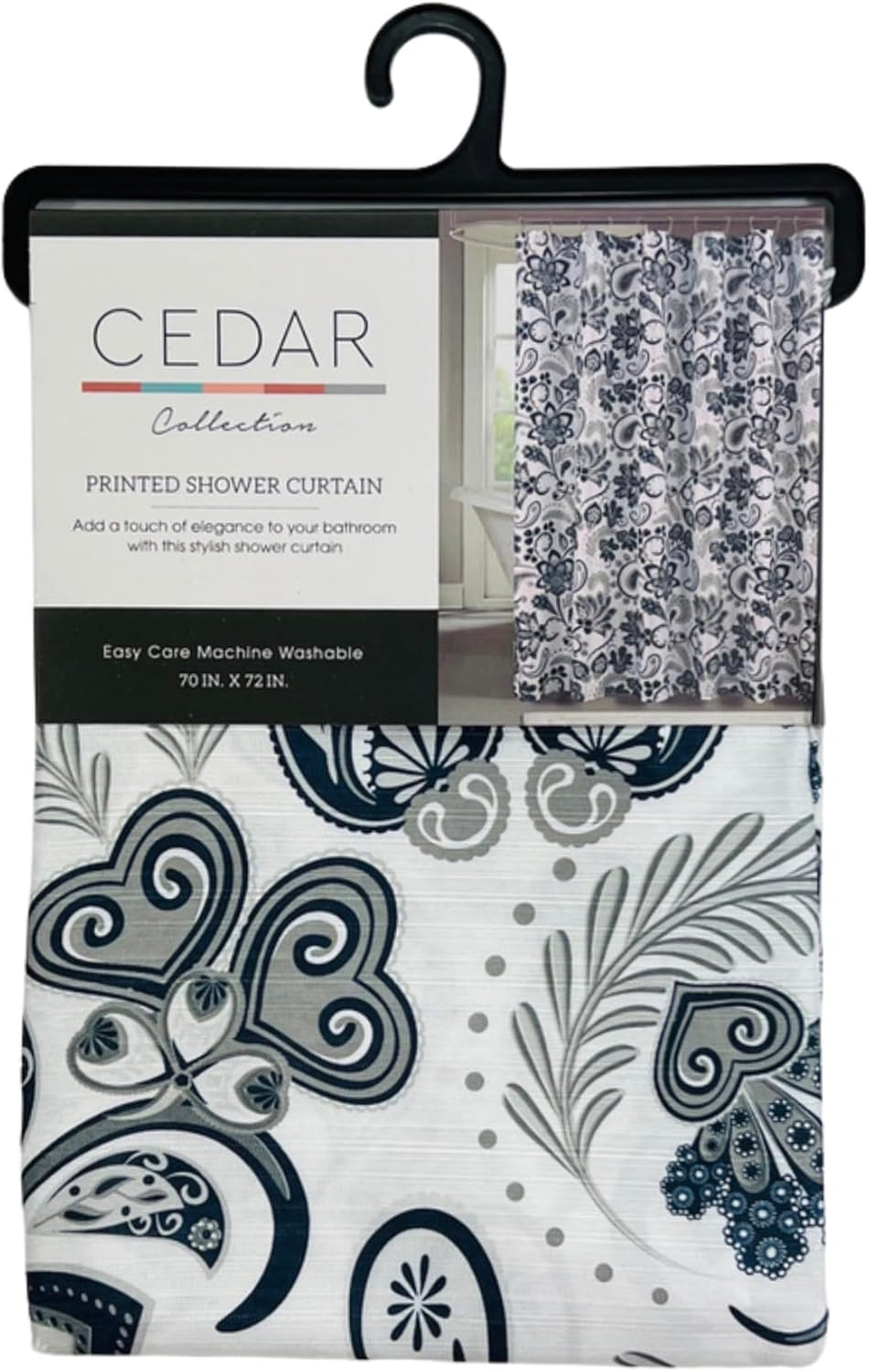 Serafina Home Hotel Quality Navy Gray Grey Fabric Bathroom Shower Curtain: Paisley Floral Leaf Damask Design on White (72 x 70 inches)