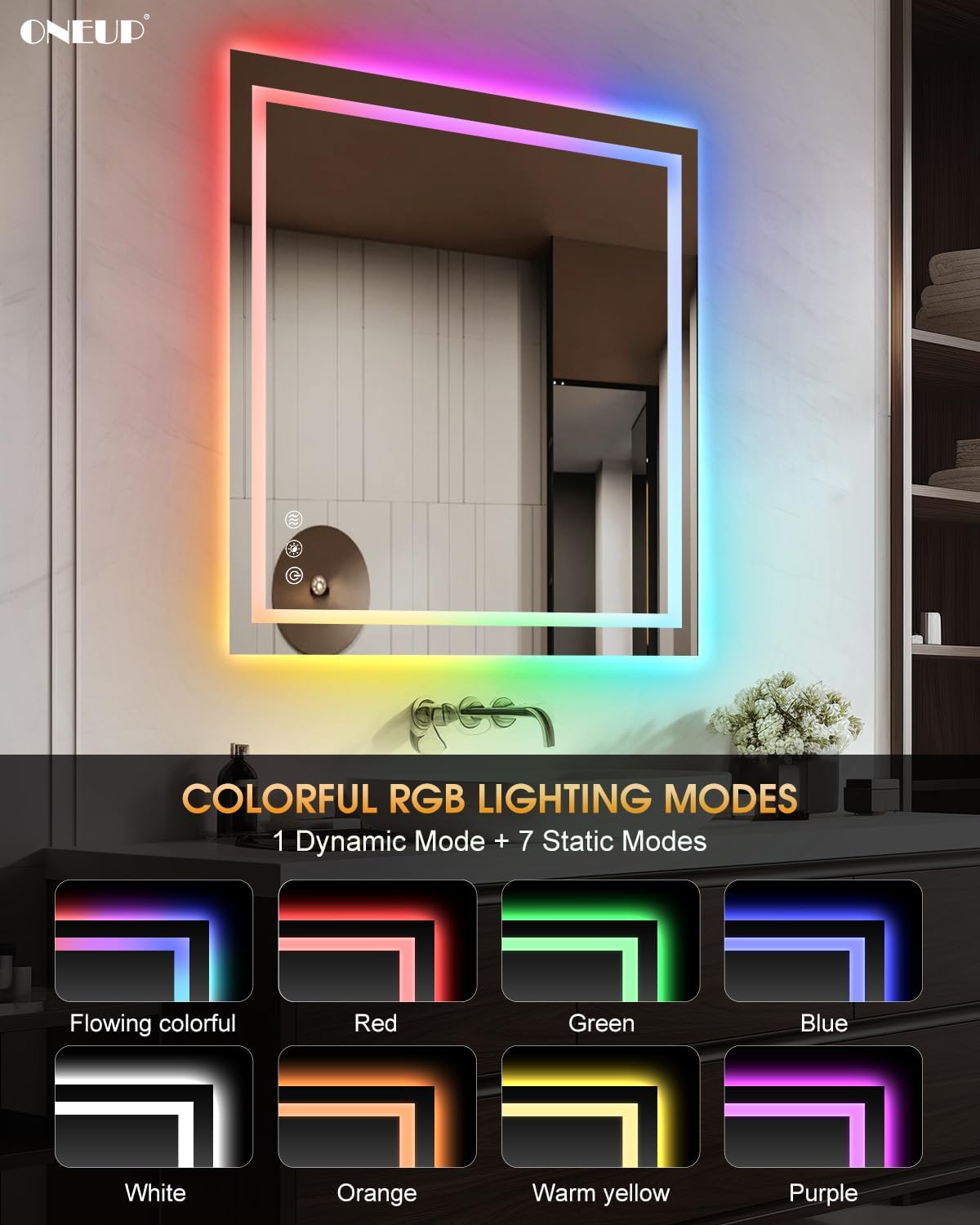 oneup 28x36'' RGB Bathroom Mirror with Lights,RGB Color Changing LED Bathroom Mirror for Wall,Lighted Vanity Mirrors,Dimmable,Anti-Fog,IP54 Waterproof