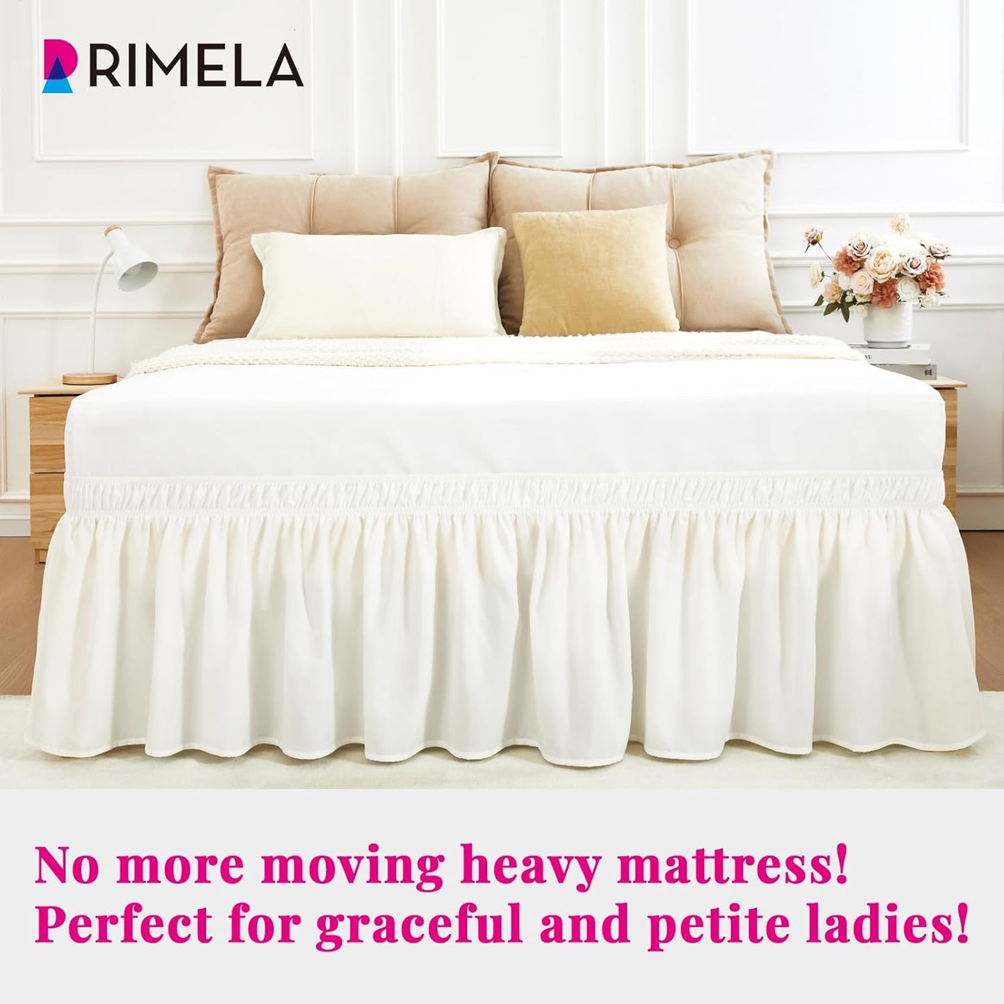 RIMELA White Bed Skirt Queen Size 12 Inch Drop, Wrap Around Elastic Adjustable Bedskirt, Bed skirting Dust Ruffle for Bed Frame & Box Spring Soft Durable Fabric Machine Washable Easy to Install