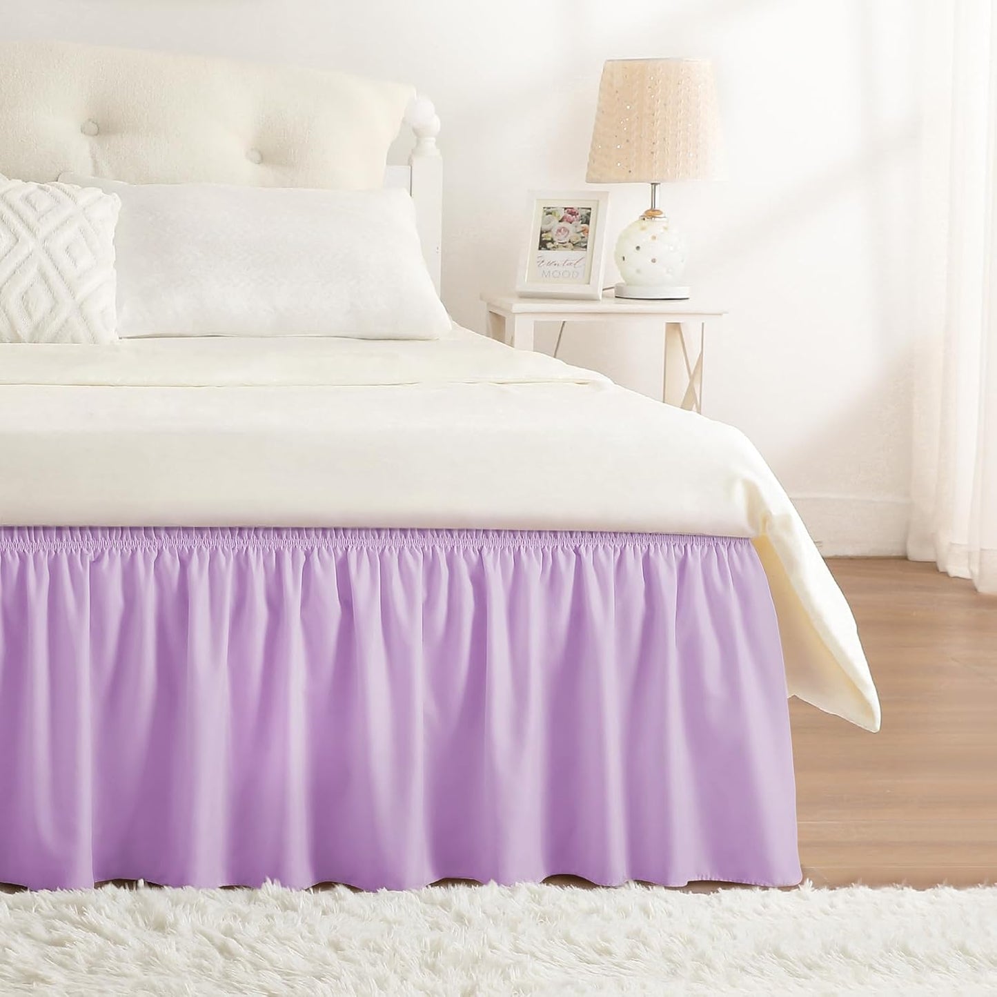 RIMELA Lilac Bed Skirt Full Size 15 Inch Drop, Elastic Bed Skirting for Bed Base and Frame, Bedding Dust Ruffle Easy to Install, Lightweight Wrap Around Adjustable Bedskirt