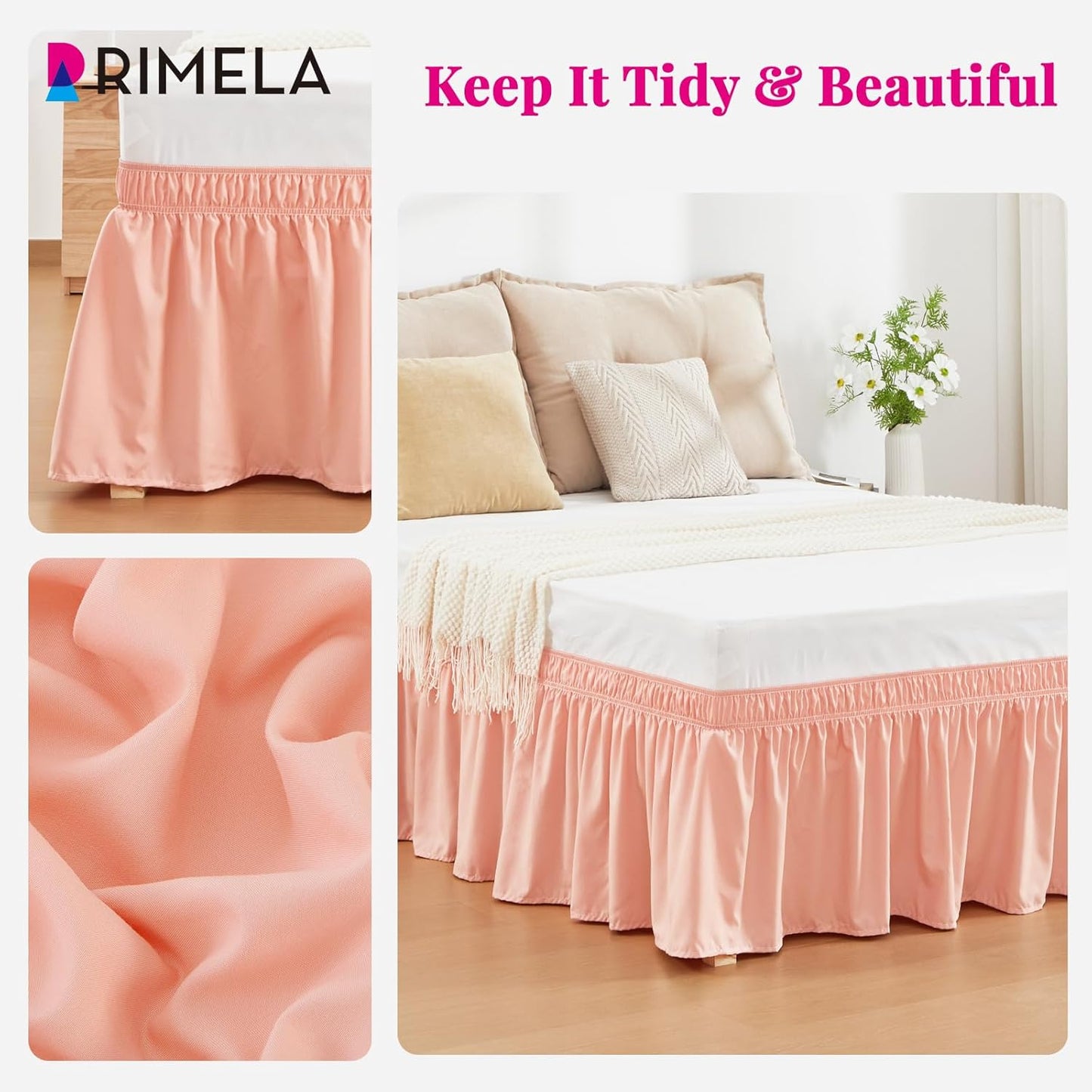 RIMELA Peachy Coral Bed Skirt Queen Size 18 Inch Drop, Wrap Around Elastic Bedskirt, Dust Ruffle for Adjustable Bed Base Machine Washable Easy to Install Bed Skirts