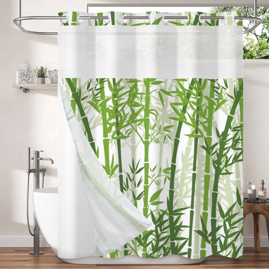 Bamboo Shower Curtain No Hooks with Snap-in Liner,Spring Bamboo Shower Curtains,Watercolor Fabric Green Shower Curtain Set,with See Through Top Window for Bathroom Decor,71 x 74 Inch