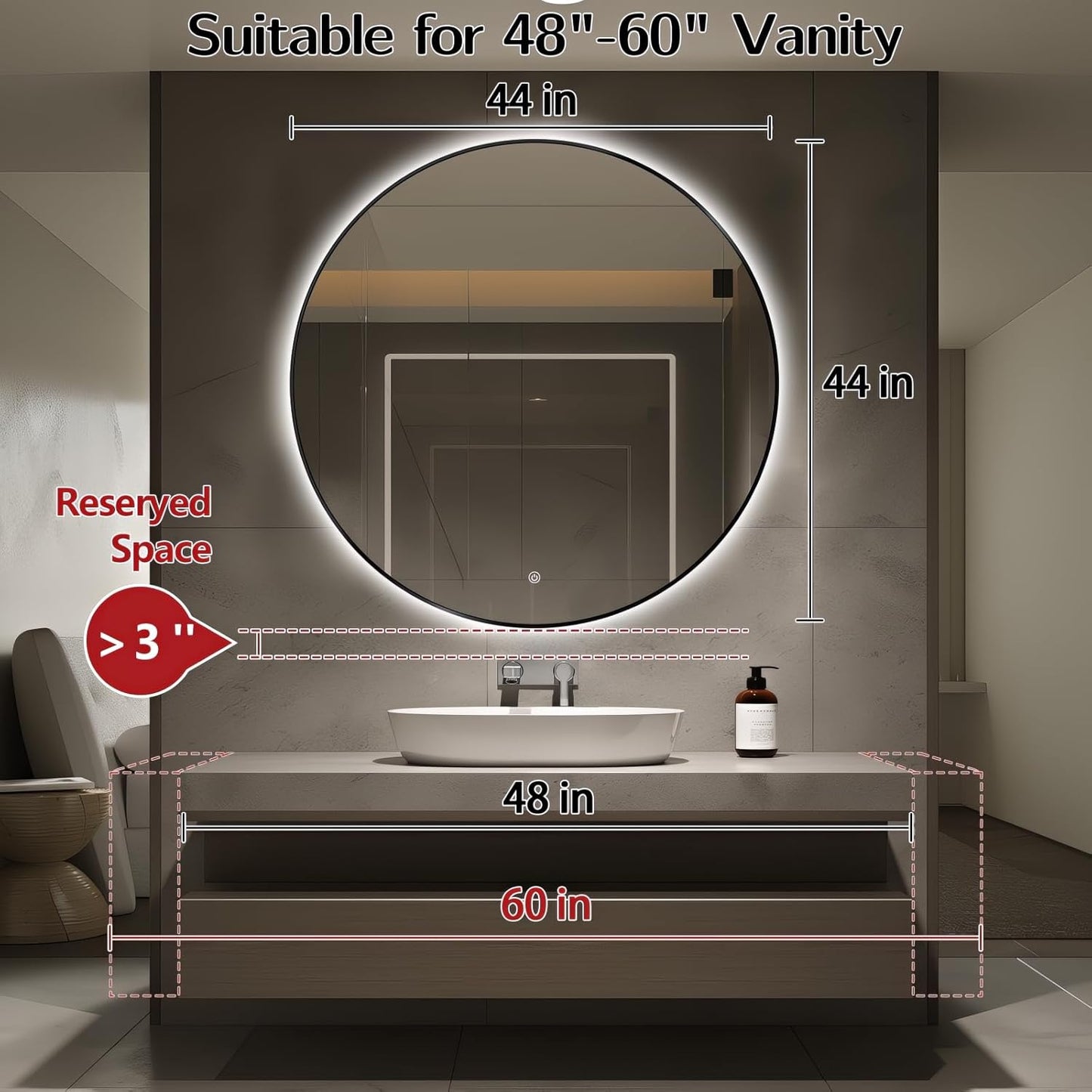 Niccy 44" LED Backlit Round Mirror for Bathroom, Black Framed Vanity Light Wall Mirror LED Smart Circle Mirrors with 3 Lighting Colors, Dimmable Lighted Mirror with Anti-Fog, IP65 Waterproof