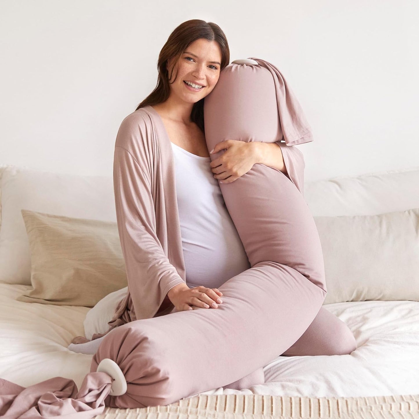 bbhugme Adjustable Pregnancy Pillow with Dusty Pink Cover & Extra Stone Cover - Full Body Support for Pregnant Women