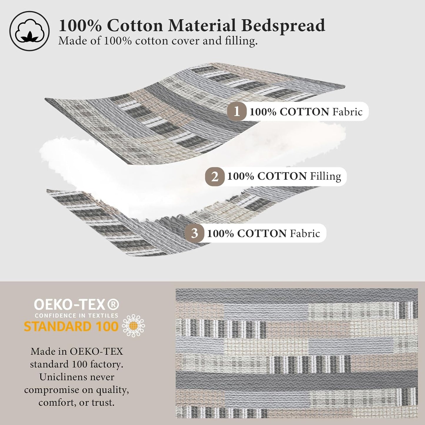 Uniclinens Quilt Set King Size, 100% Cotton Quilted Quilts Bedding Set Bedspreads, Farmhouse Patchwork Plaid Quilted Comforter Set, 3 Pieces Set with 2 Pillowshams, Cream/Grey/Brown