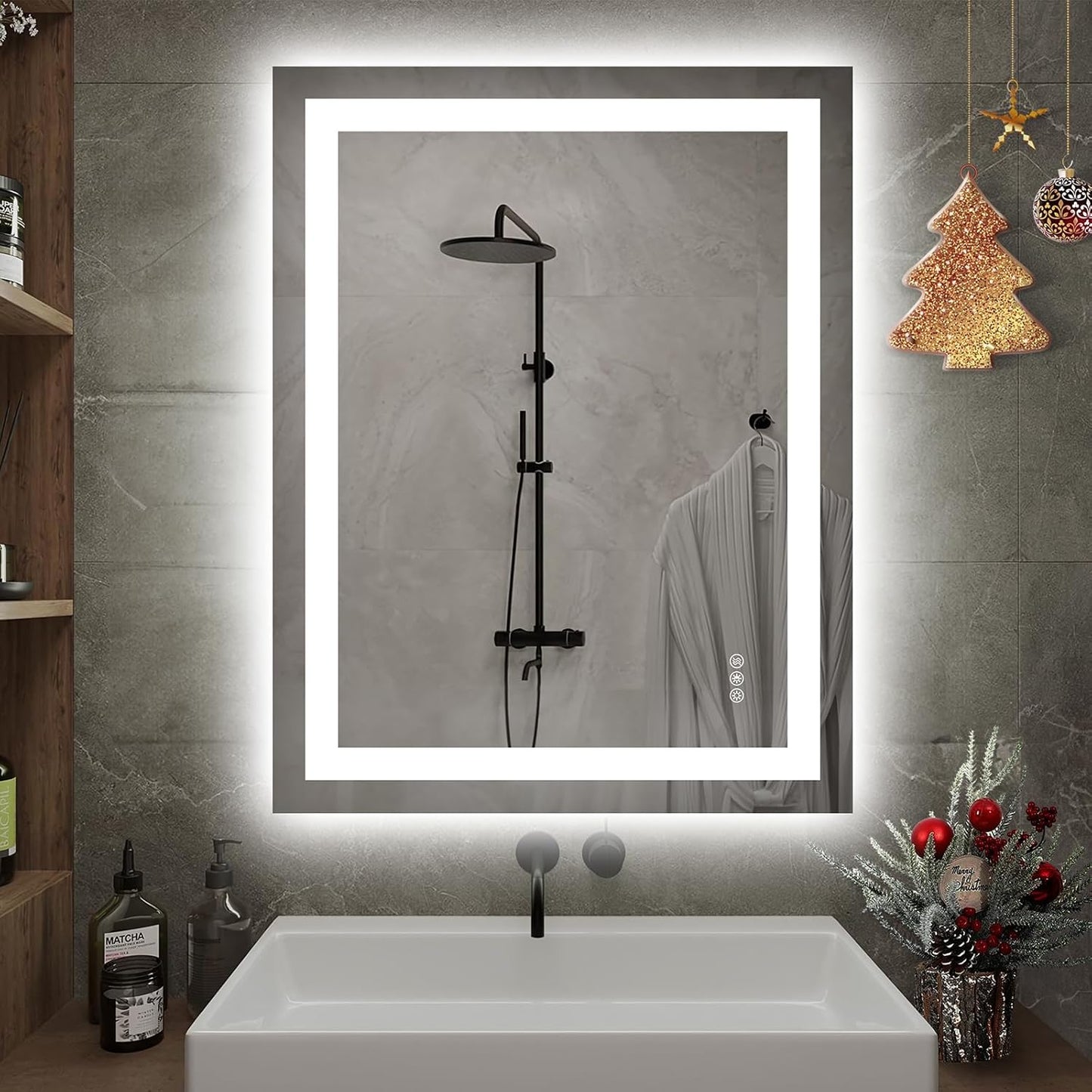 LED Bathroom Mirror with Lights 28x32 Wall Vanity LED Mirror Stepless Dimmable,Double Front and Backlight,Anti-Fog,Memory Smart Mirror for Bathroom