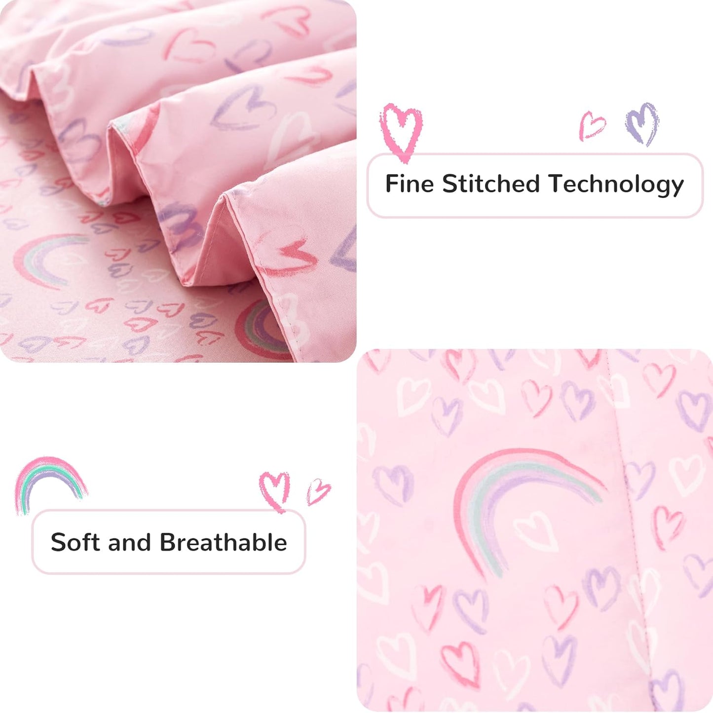 Viviland Kids Twin Bedding Sets for Girls, Soft Twin Comforter Set with Sheets, 5 Pieces Microfiber Bed in a Bag, Pink Heart Rainbow
