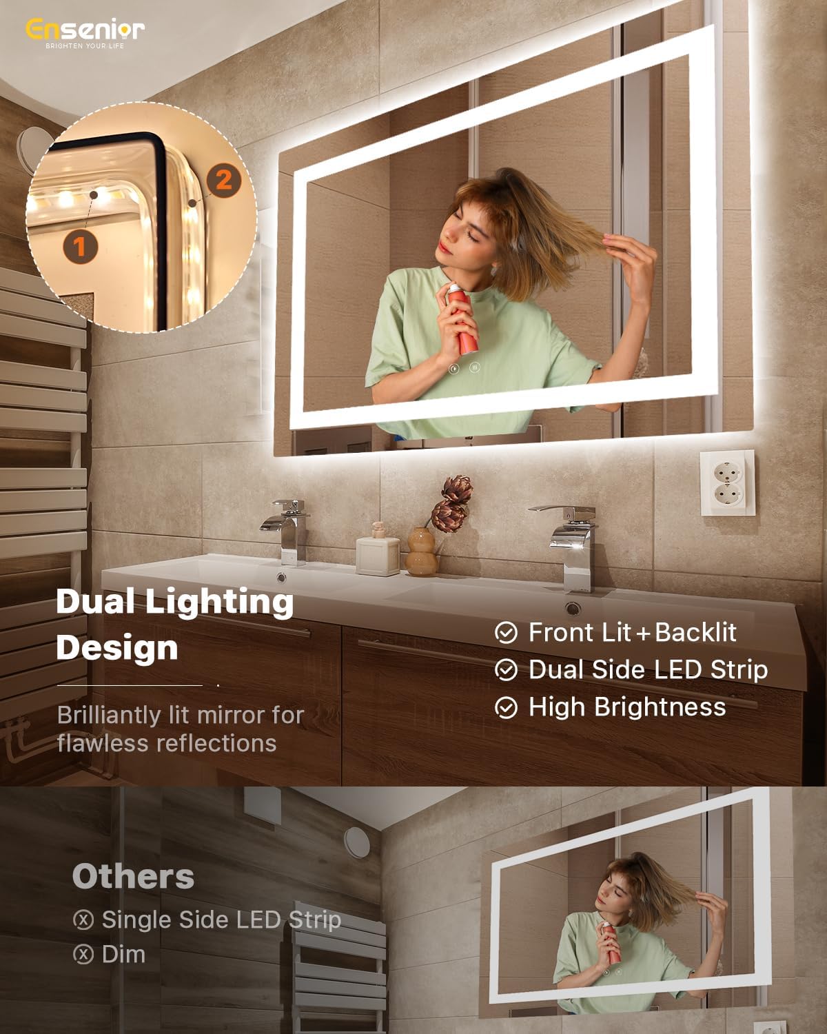 Ensenior LED Bathroom Mirror 60"x 40" with Front and Backlight, Stepless Dimmable Wall Mirrors with Anti-Fog, Shatter-Proof, Memory, 3 Colors, Modern LED Vanity Mirror- FCC