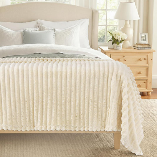 decorUhome Christmas Soft Fleece Beige Blanket King Size for Bed, Cozy Fluffy Plush Flannel Large Striped Throws for Couch Sofa, Lightweight Decorative Fuzzy Blanket for Woman, 108x90 Inches
