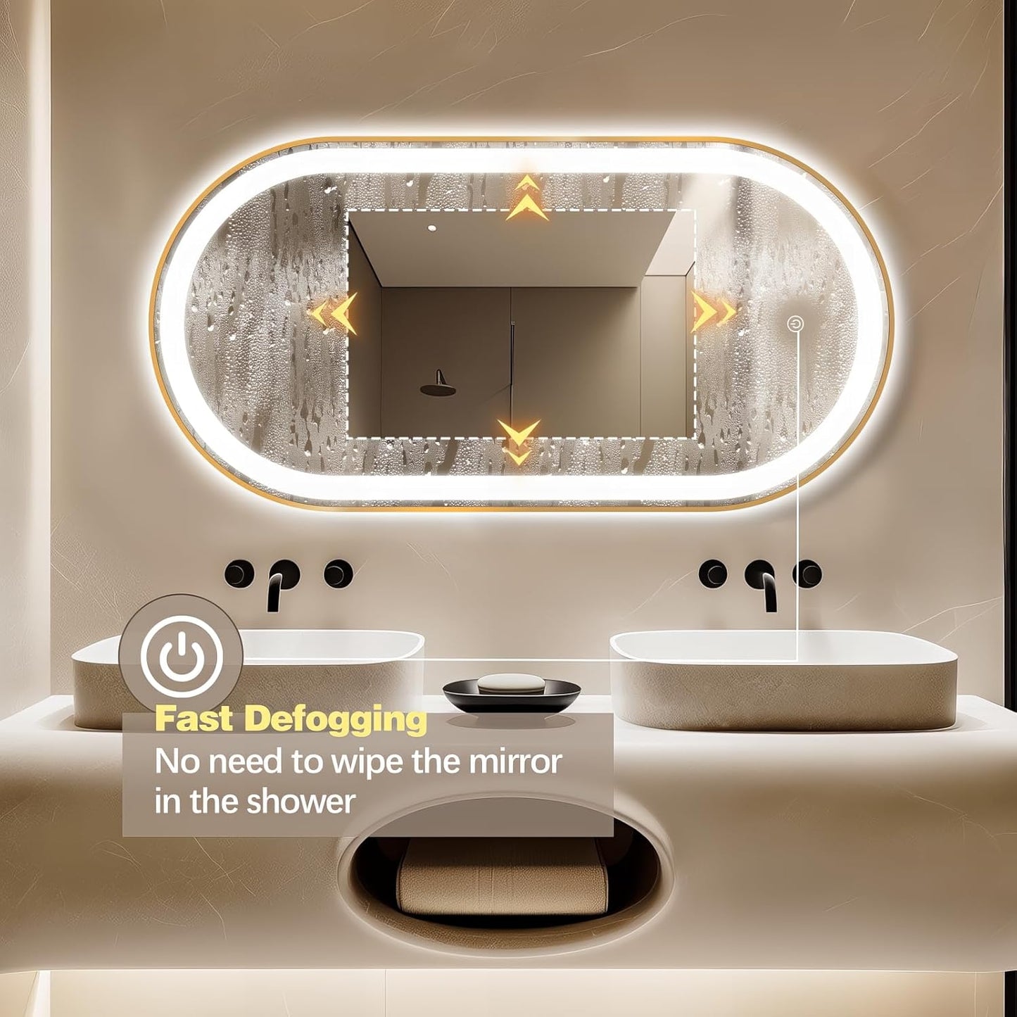 48" x 24" Oval LED Bathroom Mirror with Lights, Gold Metal Framed Anti-Fog LED Vanity Mirror, Lighted Bathroom Mirrors Wall Mounted, Stepless Dimmable, Shatter-Proof, Horizontal/Vertical