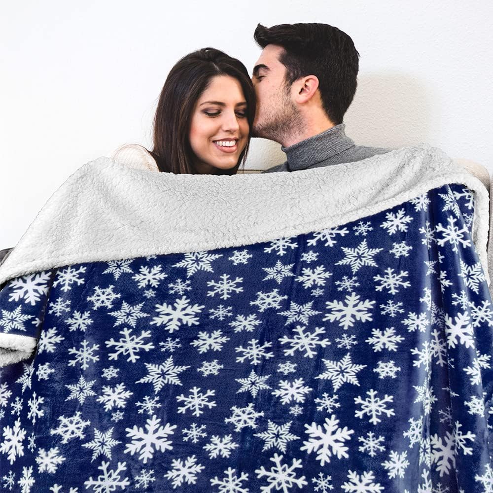 PAVILIA Premium Christmas Sherpa Throw Blanket | Blue Snowflake Decoration, Fleece, Plush, Warm, Cozy Reversible Microfiber Holiday Blanket 60 x 80 Inches