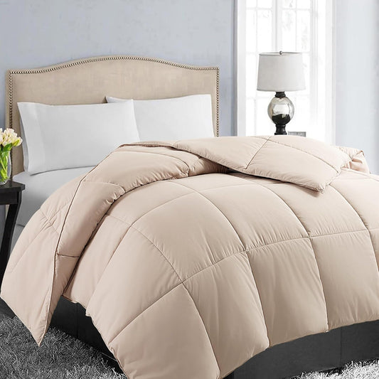 EASELAND Twin Size Down Alternative Comforter - Quilted Duvet Insert for All Seasons, Soft Lightweight with Corner Tabs, Summer Winter Warm Bedding, Beige 64×88 Inches