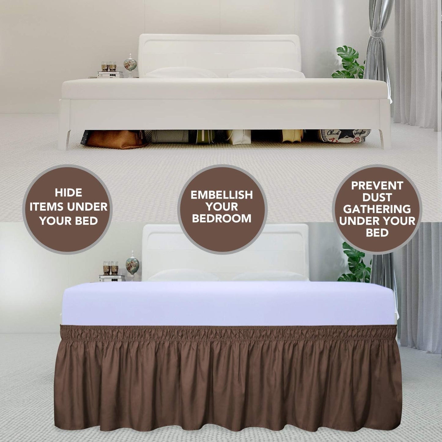 PureFit Wrap Around Ruffled Bed Skirt with Adjustable Elastic Belt - 14 Inch Drop Easy to Put On, Wrinkle Free Bedskirt Dust Ruffles, Bed Frame Cover for Queen, King and C-King Size Beds, Brown