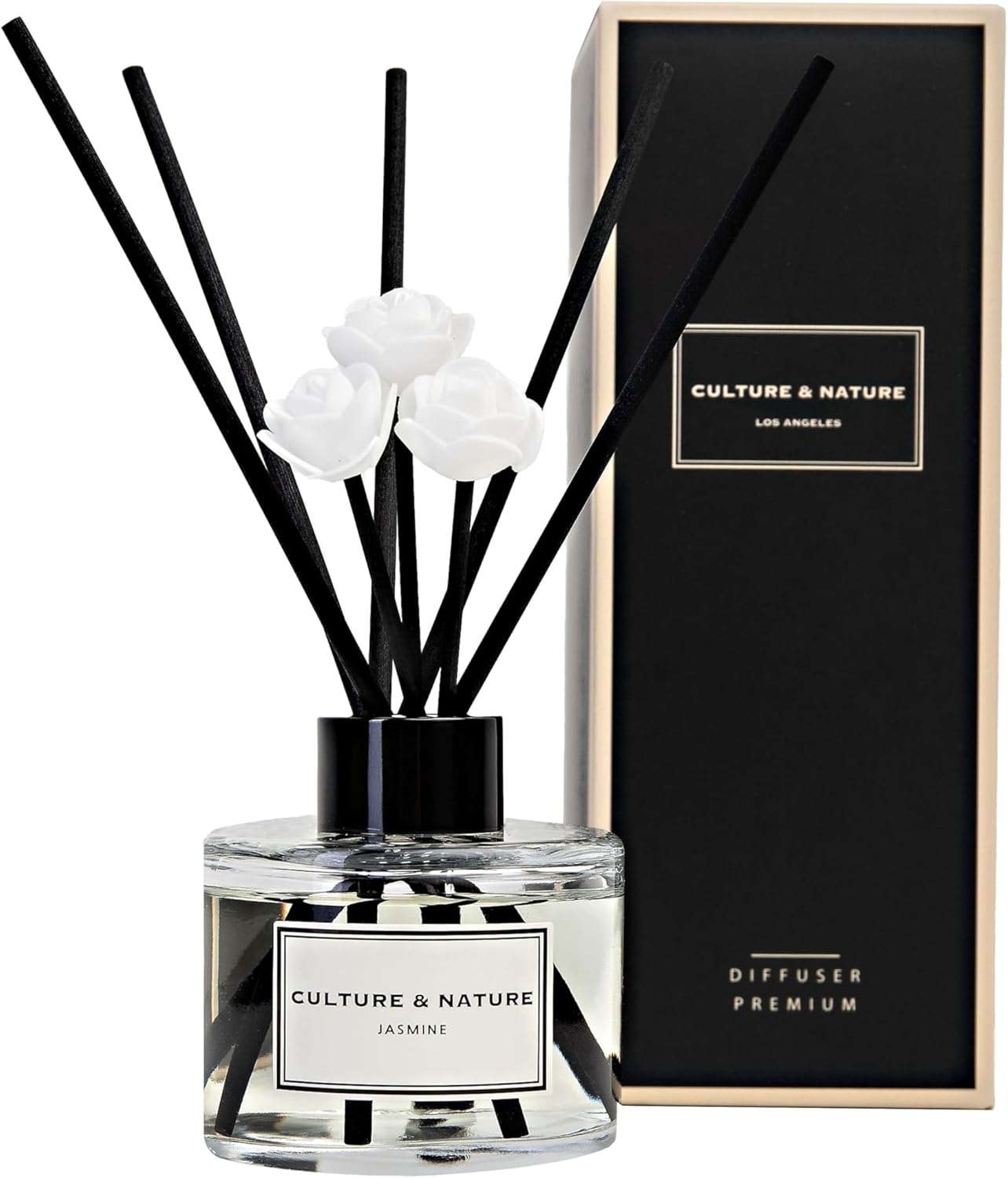 CULTURE & NATURE Reed Diffuser Set 4oz (120ml) Jasmine Scented Diffuser with Sticks Home Fragrance Reed Diffuser for Bathroom Shelf Decor