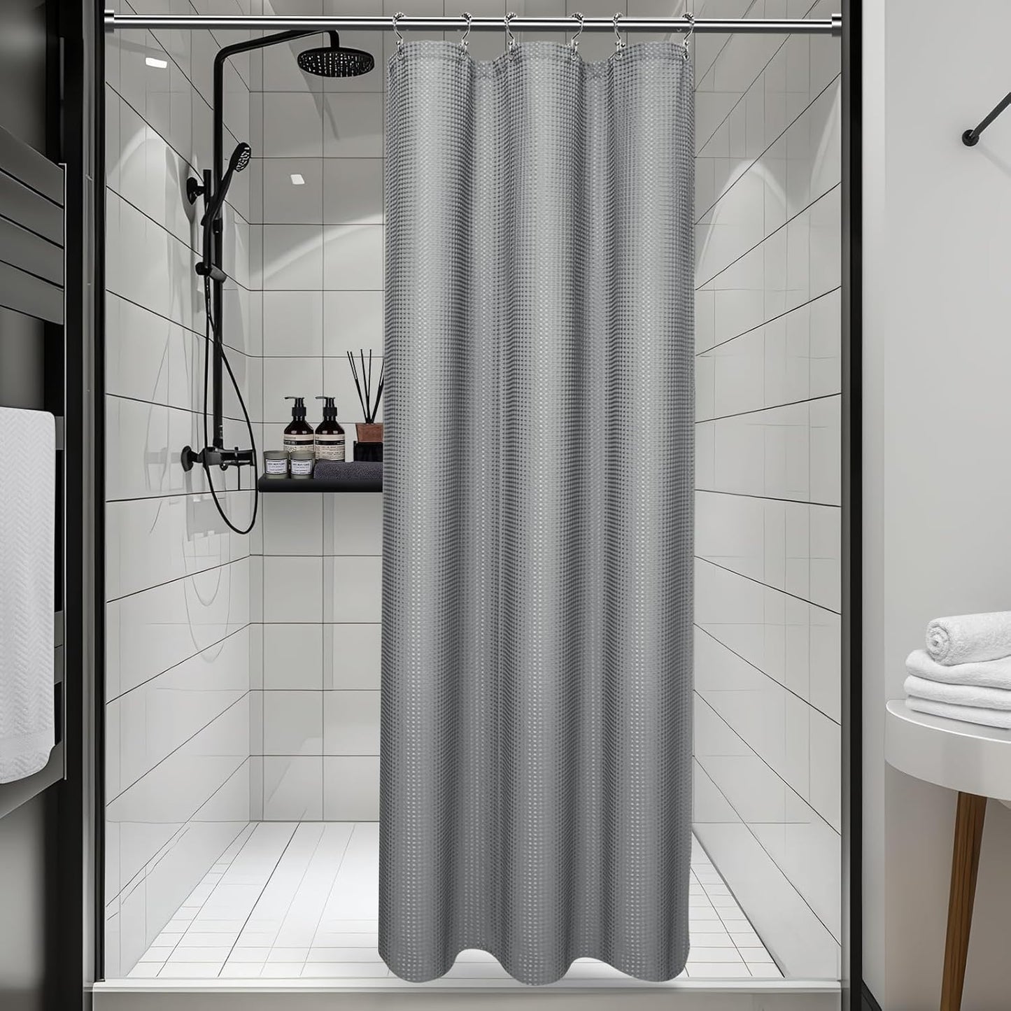 3 in 1 Shower Curtain Set, Waffle Shower Curtain and Liner Set with 6 Double Sided Shower Curtain Hooks, 258GSM Luxury Weighted Cloth Shower Curtains for Bathroom, 36 W x 72 H, Grey