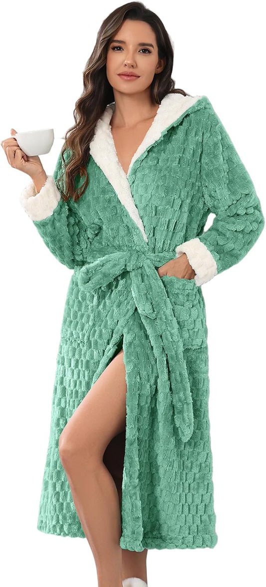 Ekouaer Womens Plush Robes Long Soft Jacquard Fluffy Bathrobe Hooded Robe Sleepwear with Pockets