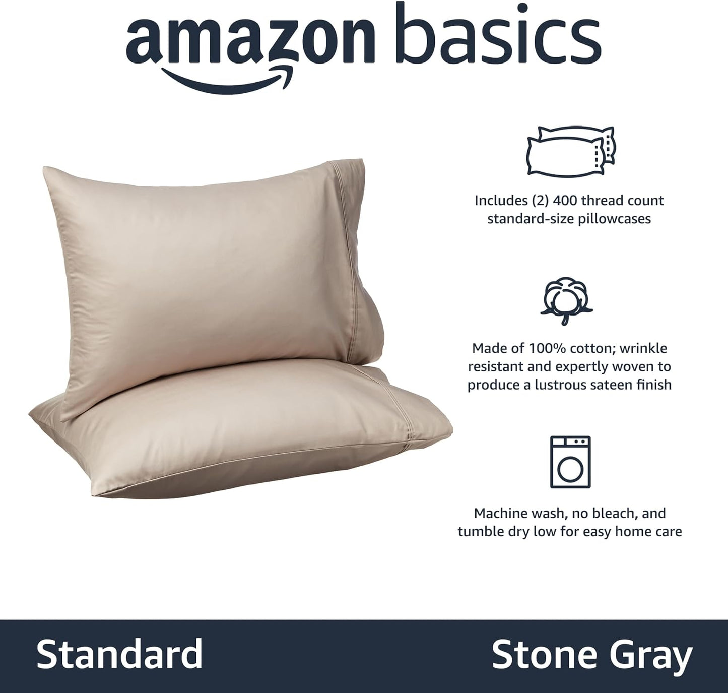 Amazon Basics 400 Thread Count Cotton Pillow Cases, Standard, 30" L x 20" W, Stone Gray - Set of 2