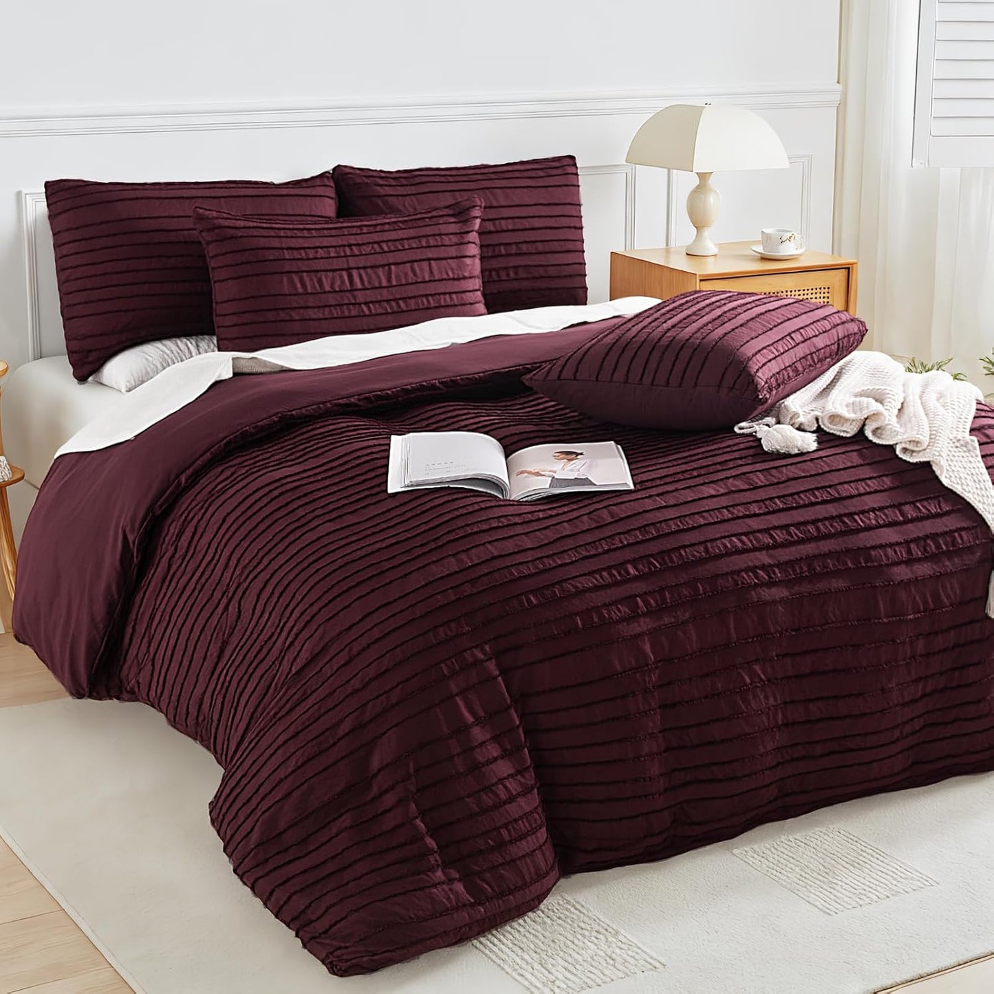 NEXHOME PRO California King Duvet Cover, Blue 3 Pieces Boho Tufted Duvet Cover Set, Soft and Lightweight Microfiber Comforter Cover Set (Burgundy,104 x 98)-No Comforter