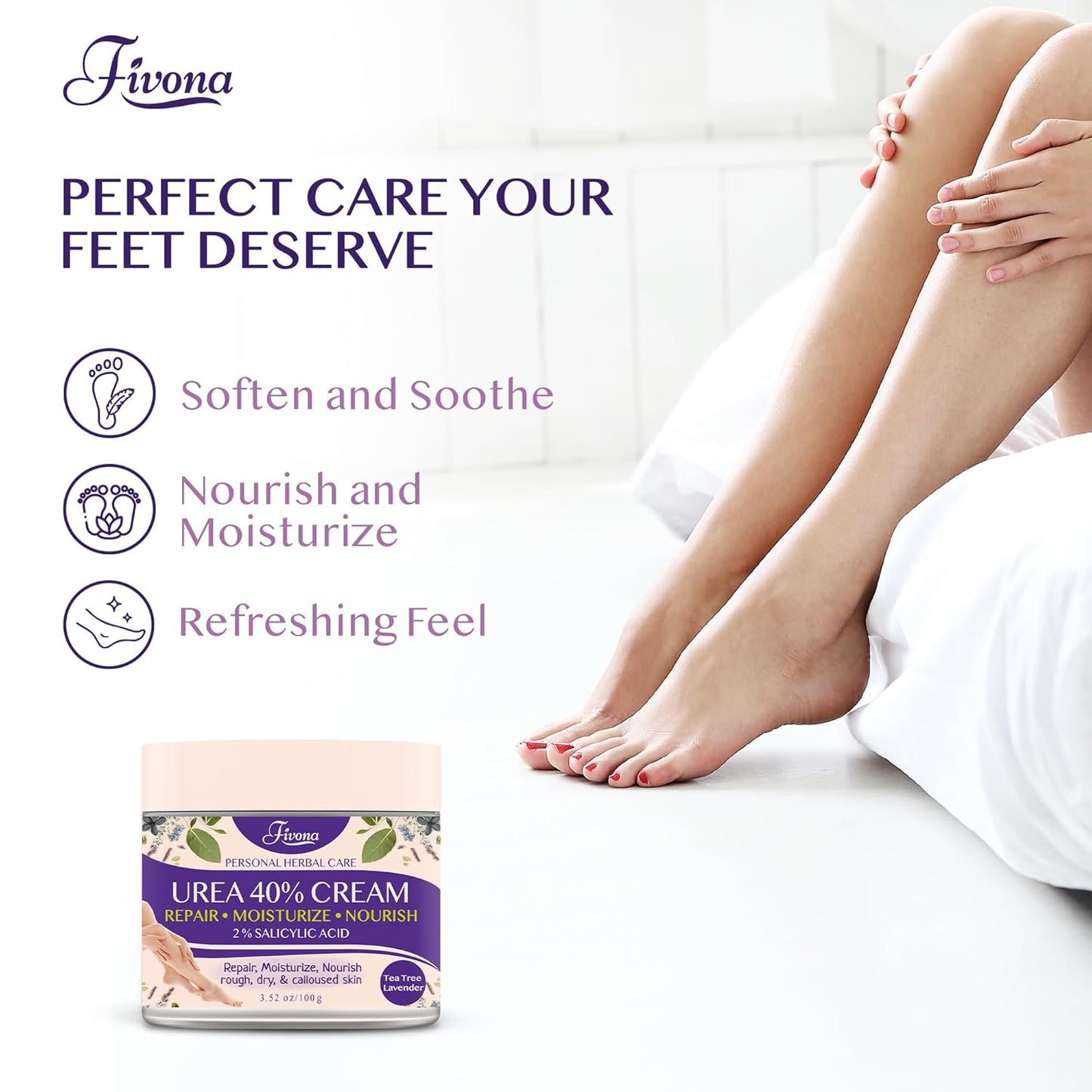 FIVONA 40% Urea Cream with 2% Salicylic Acid - Foot Cream with Tea Tree and Lavender Extracts Foot Lotion for Dry Cracked Heels, Dead Skin & Callus Remover, Feet Moisturizer Repair Cream
