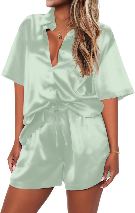 Ekouaer Pajamas for Women Set Silk Satin Pjs Shorts Sleepwear 2 Piece Loungewear S-XXL