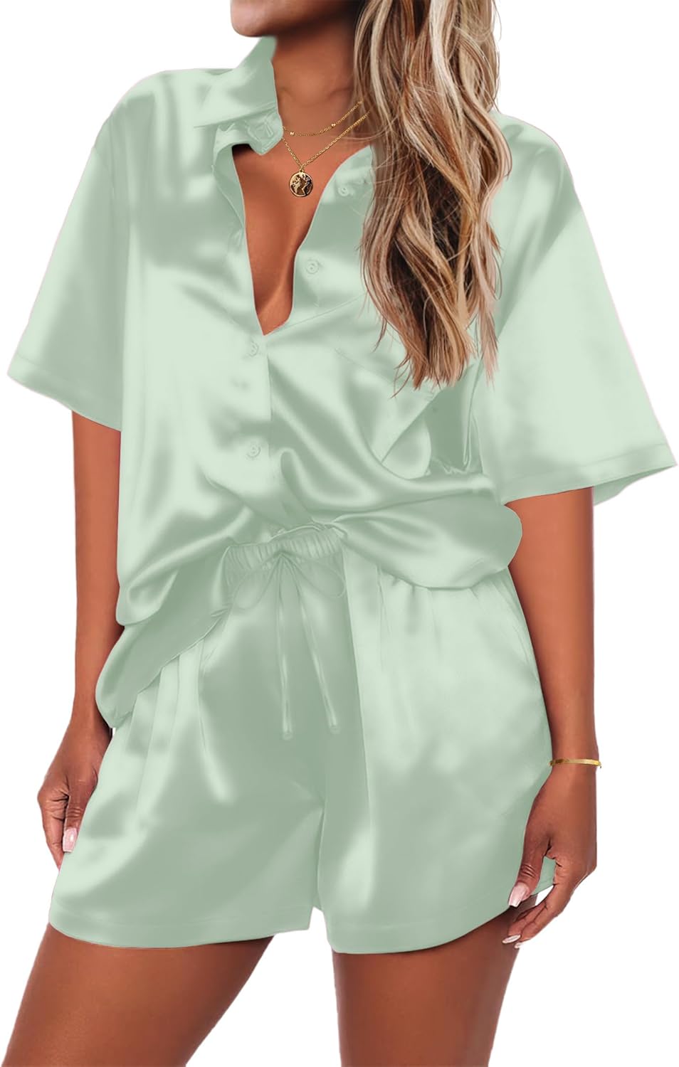 Ekouaer Pajamas for Women Set Silk Satin Pjs Shorts Sleepwear 2 Piece Loungewear S-XXL
