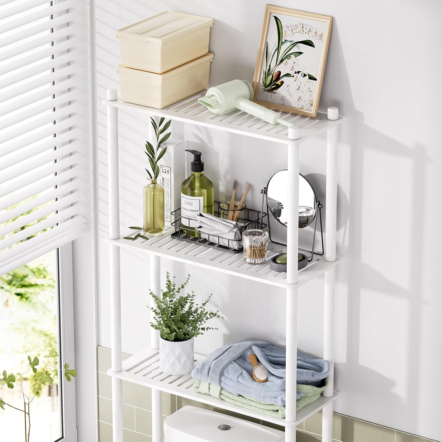 AmazerBath Bamboo Over The Toilet Storage Shelf, Over Toilet Bathroom Organizer Rack, 3-Tier Bathroom Shelves Over Toilet, Space Saver, White